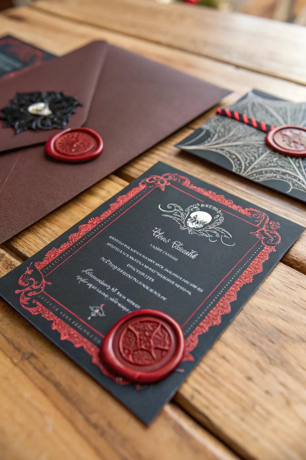 Gothic invitations commence the transformative journey to your vampire-themed evening.