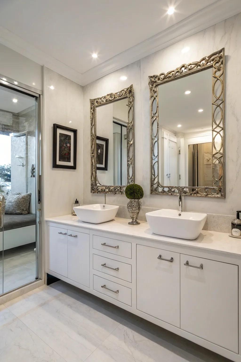 A stylish bathroom washbasin featuring double sinks and generous storage.