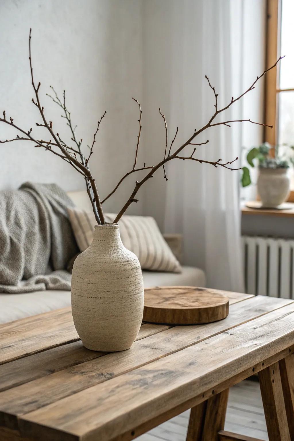 A minimalist vase with a single branch cultivates a peaceful ambiance.