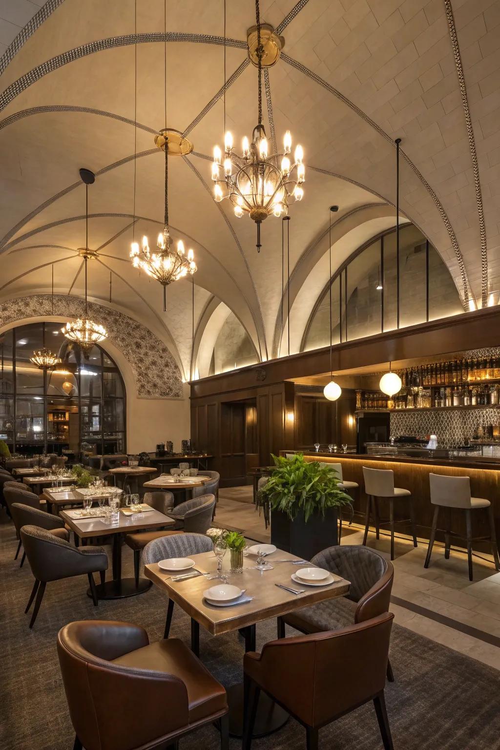 Drop lights bring a touch of class and draw attention to the soaring ceiling.