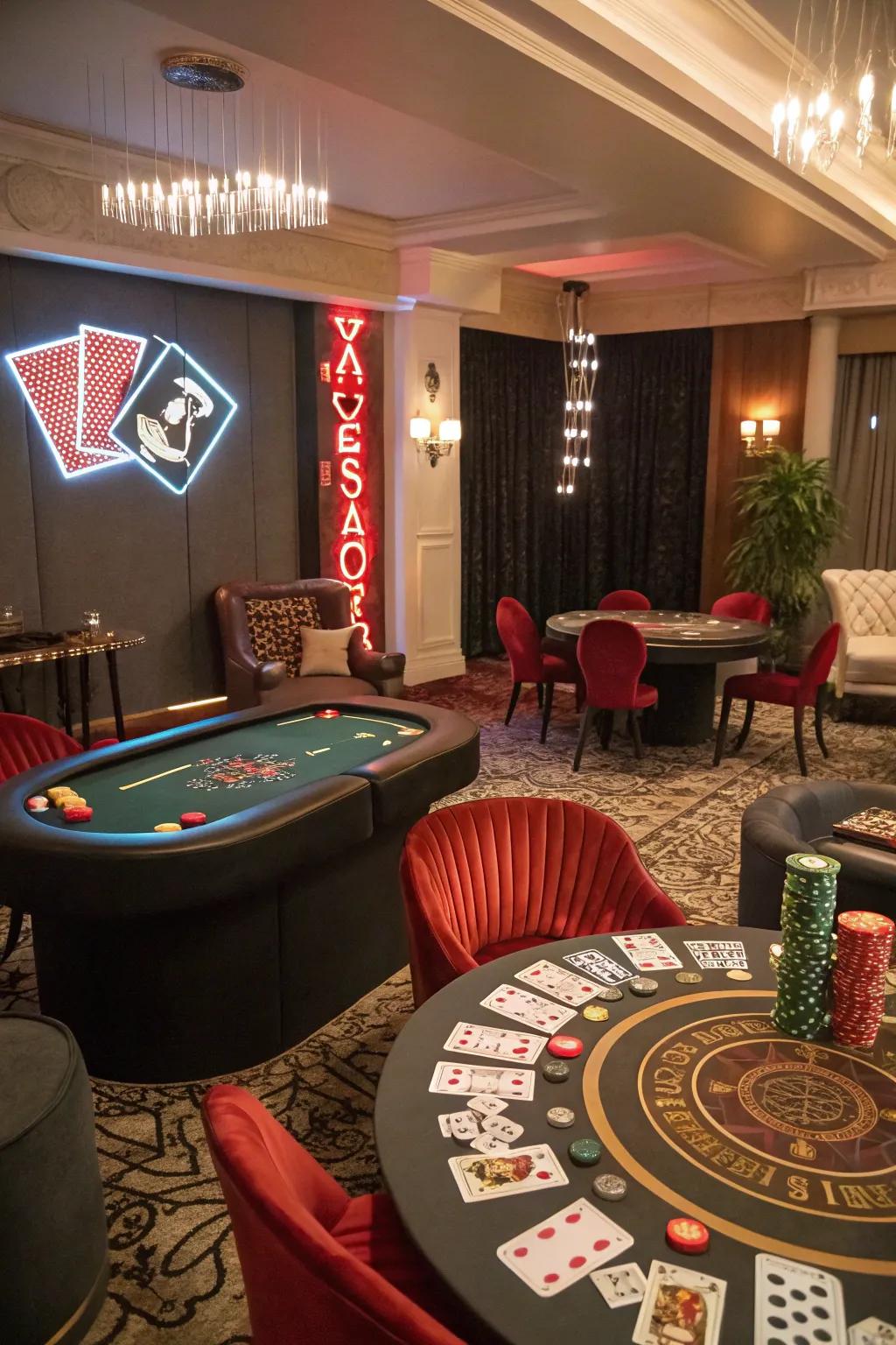 Craft a casino night in your own place with poker and card setups.