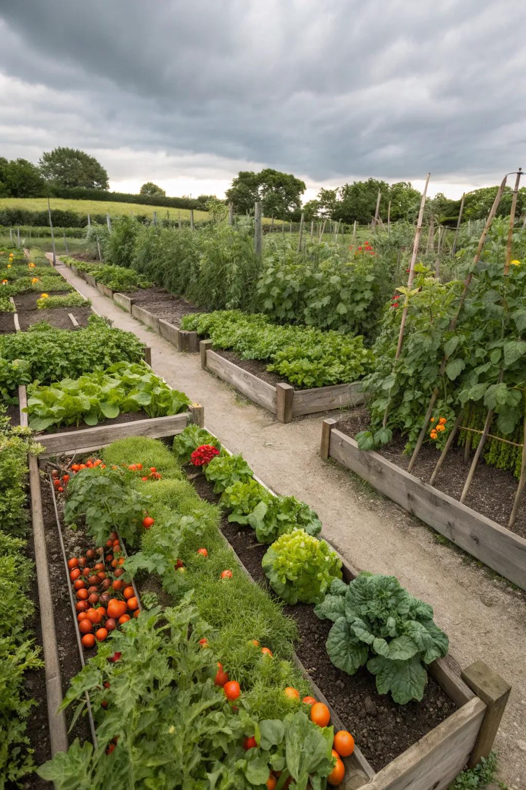 Elevated structures brimming with flourishing edibles showcase a blend of order and abundance.