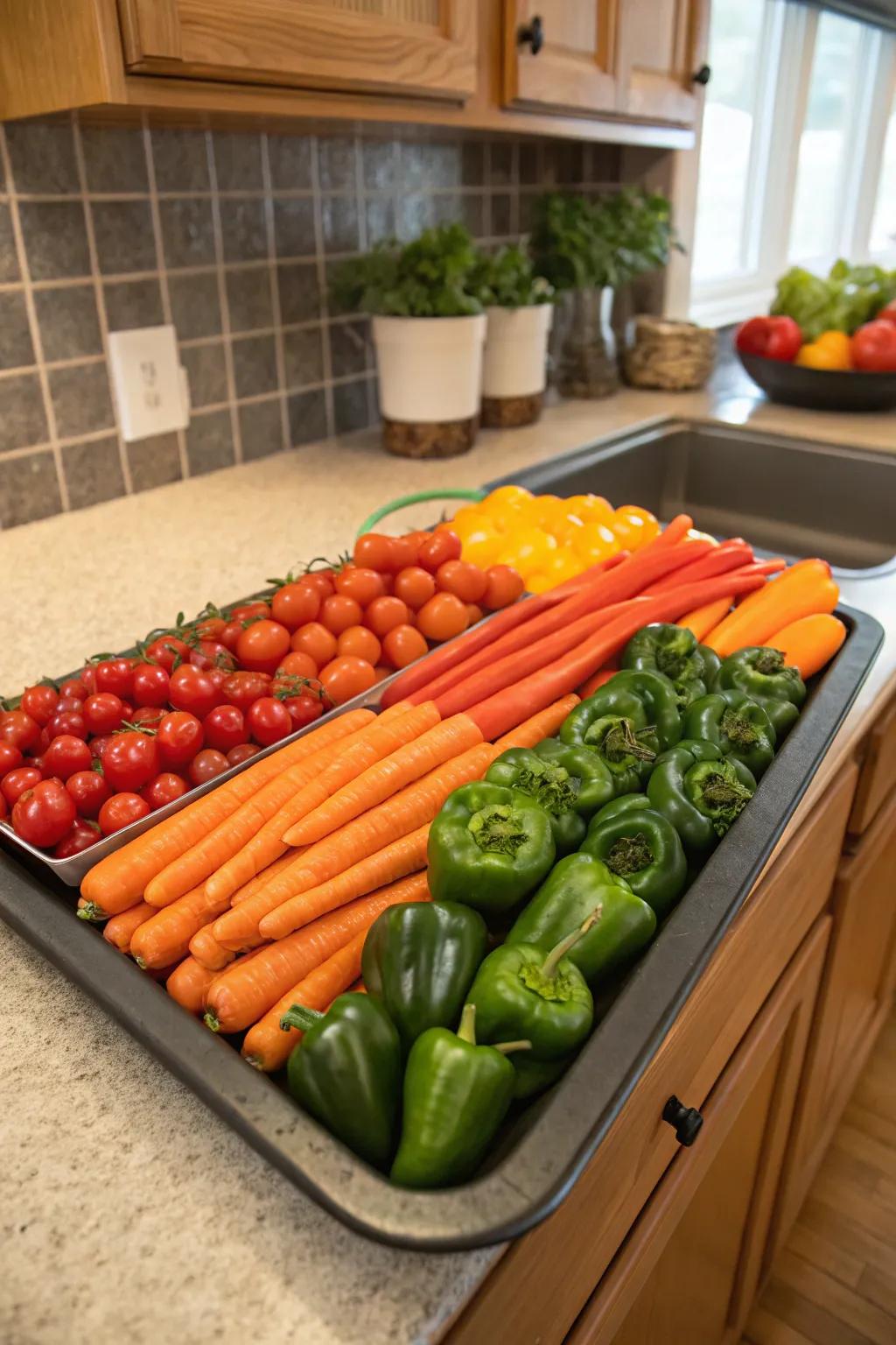 A vegetable tray arranged in a rainbow pattern.