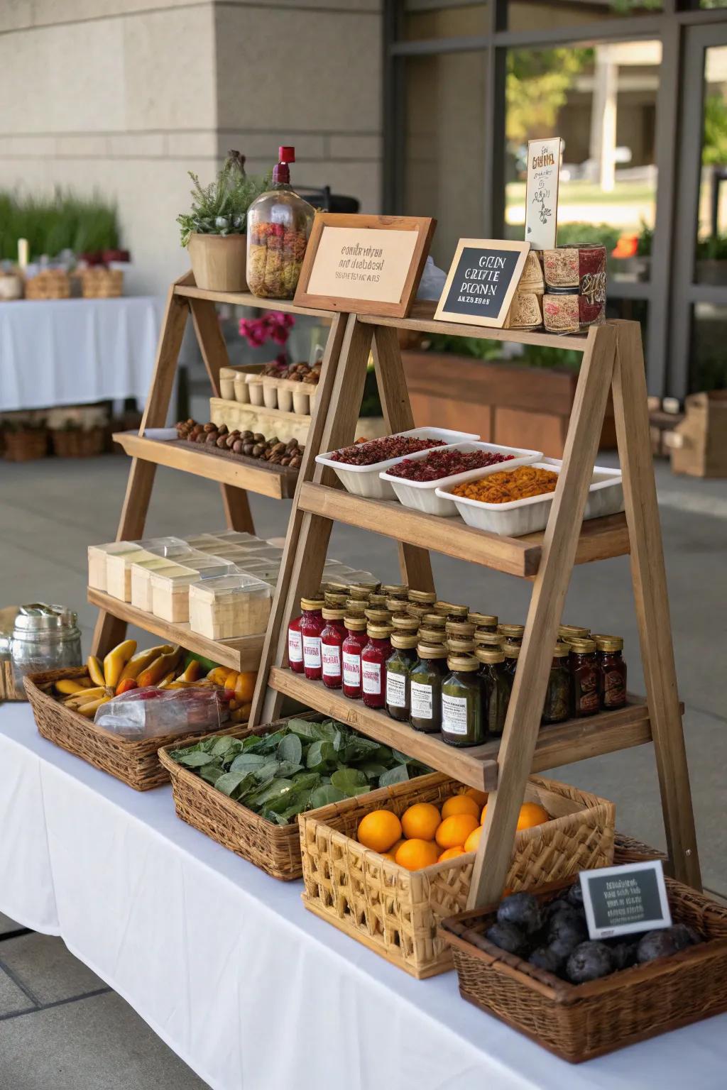 Maximize visual impact by using vertical space with multi-level shelves.