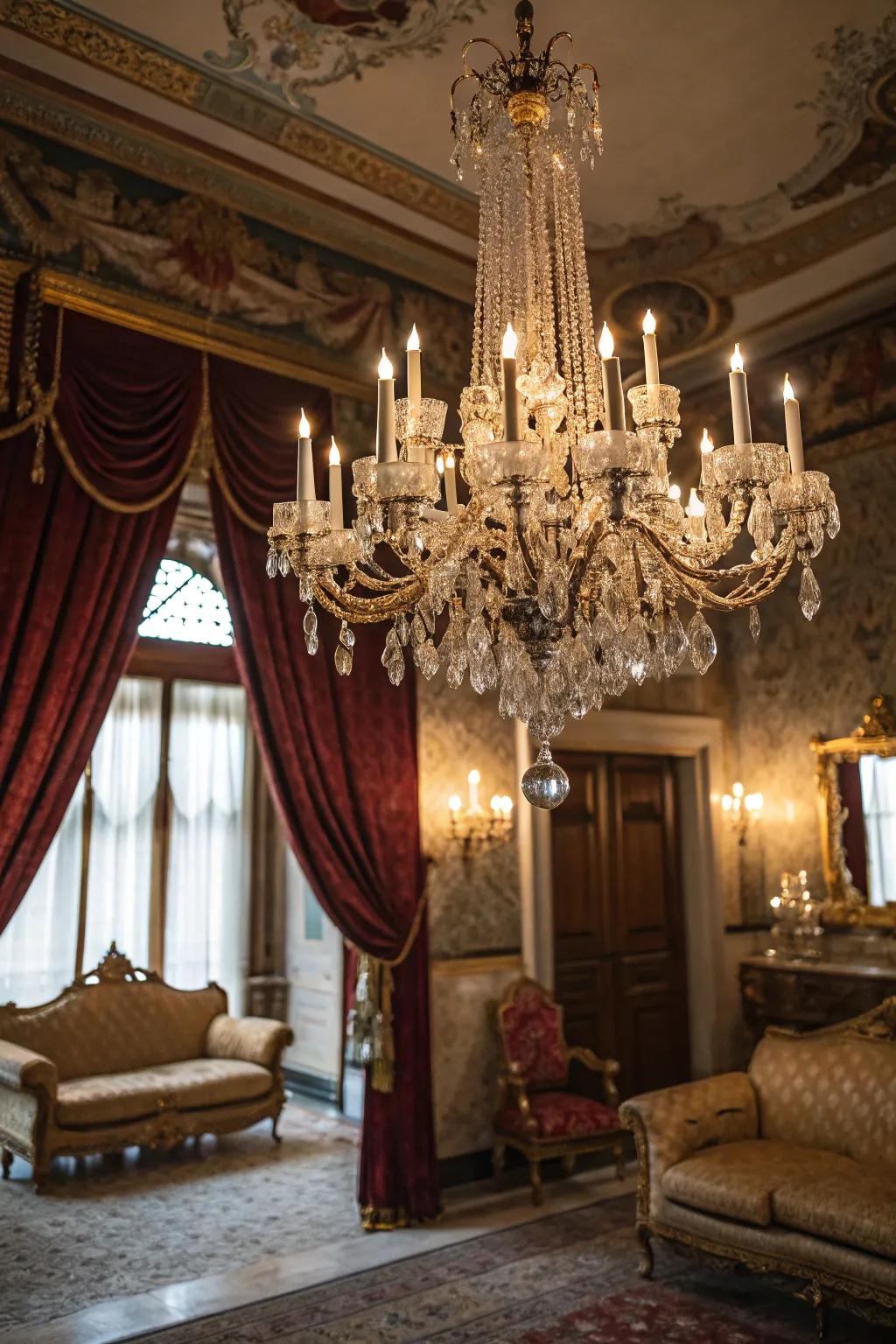 An exquisite Venetian chandelier transforms this stylish living space.