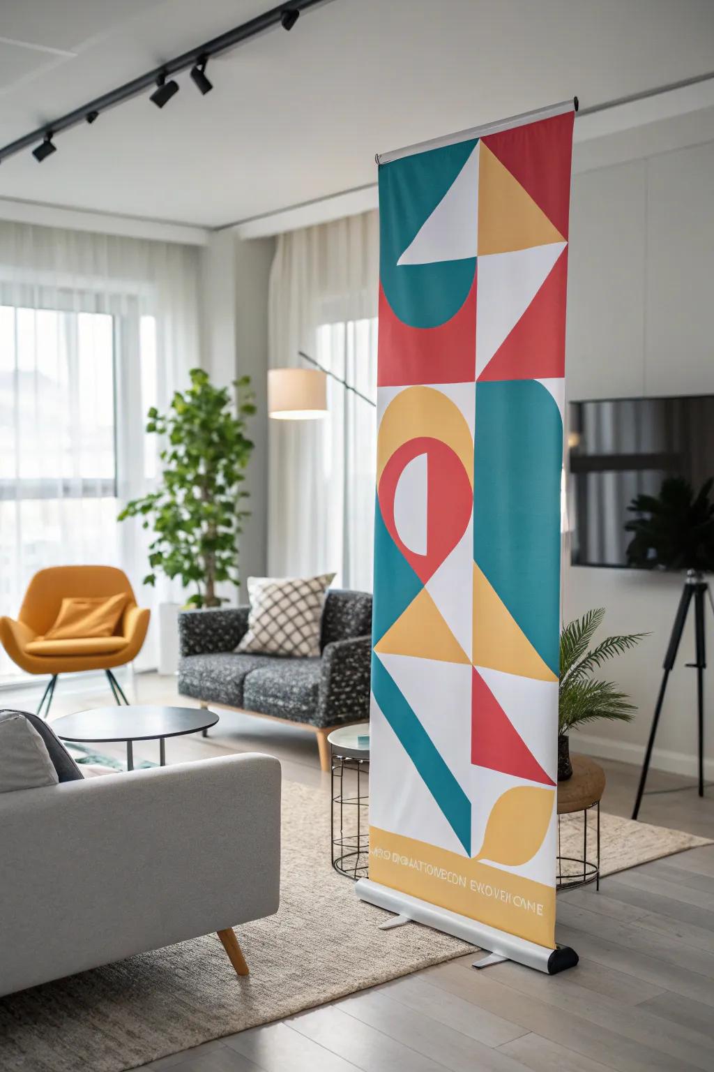A vertical banner showcasing geometric shapes provides a modern touch to the living area.