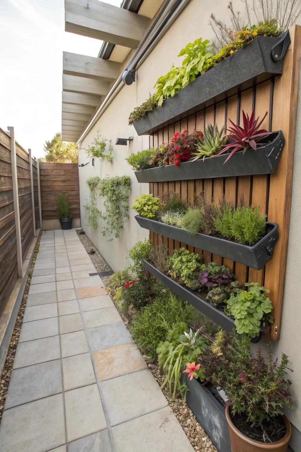 Upright gardens brimming with herbs and succulents grace a patio wall.