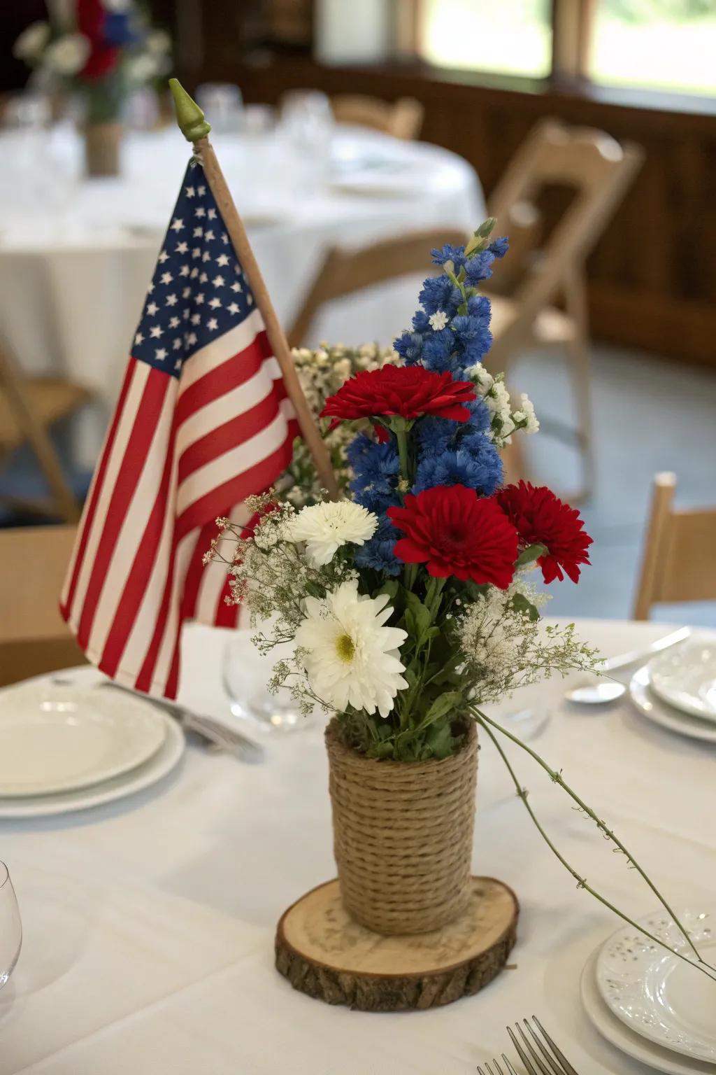 A timeless American flag centerpiece radiating rustic allure.