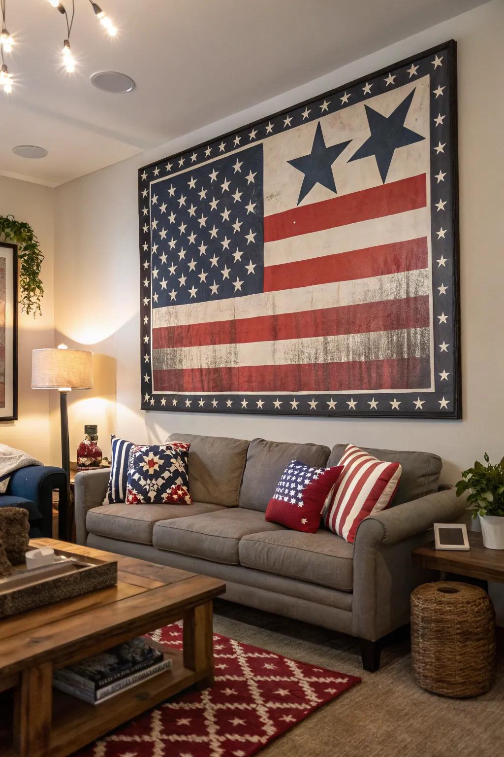 A lively poster featuring symbols of patriotism, perfect for any home.