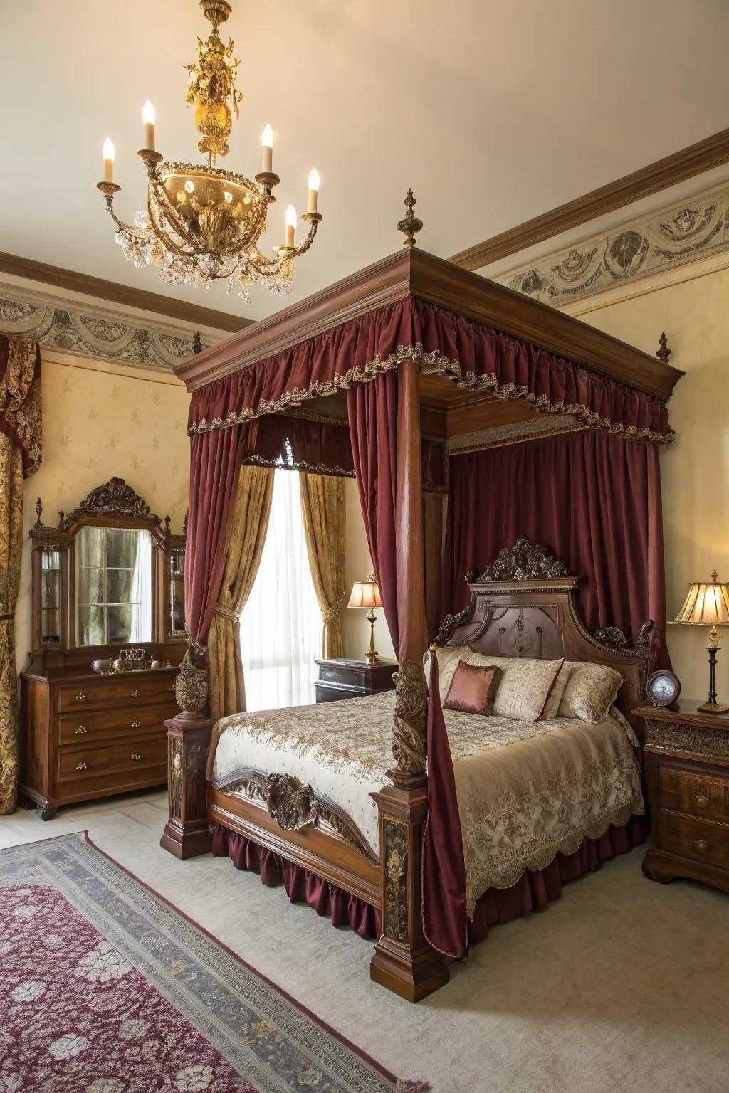Lavish materials like plush and silk establish a luxurious Victorian atmosphere.
