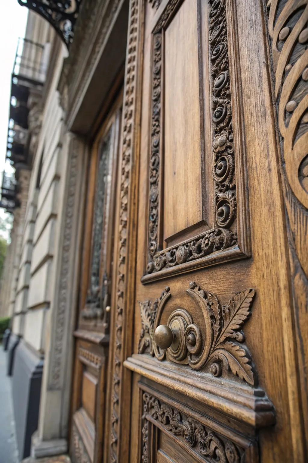 Detailed carvings contribute refinement to this Victorian front door.