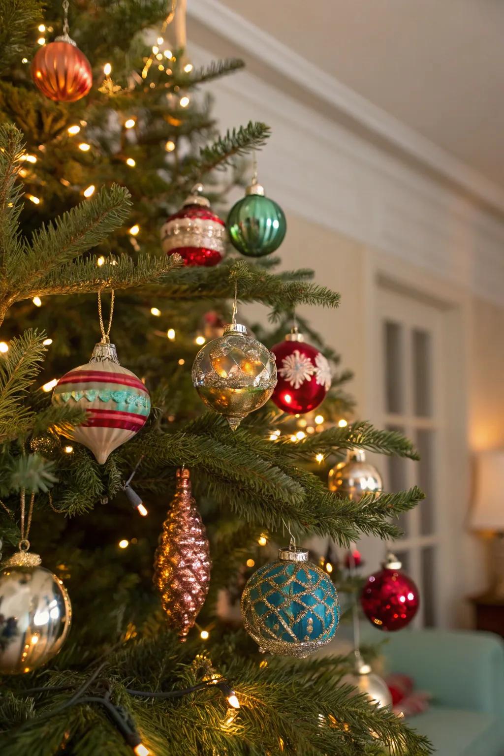 Retro ornaments bring vibrant charm to any Christmas tree.