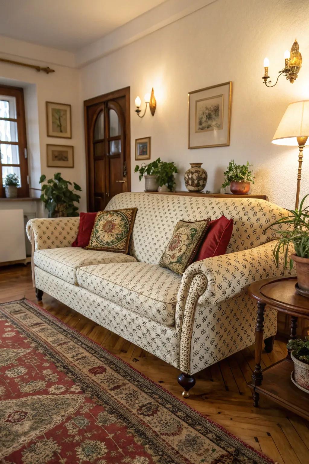 A vintage sofa with classic upholstery is a focal point in this inviting living room.