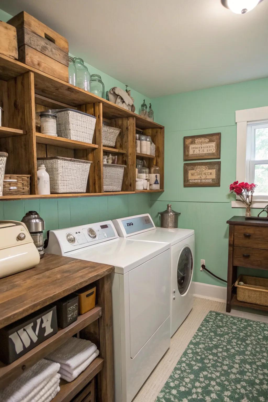 A laundry area bathed in calming seafoam walls, enhanced with vintage accents.