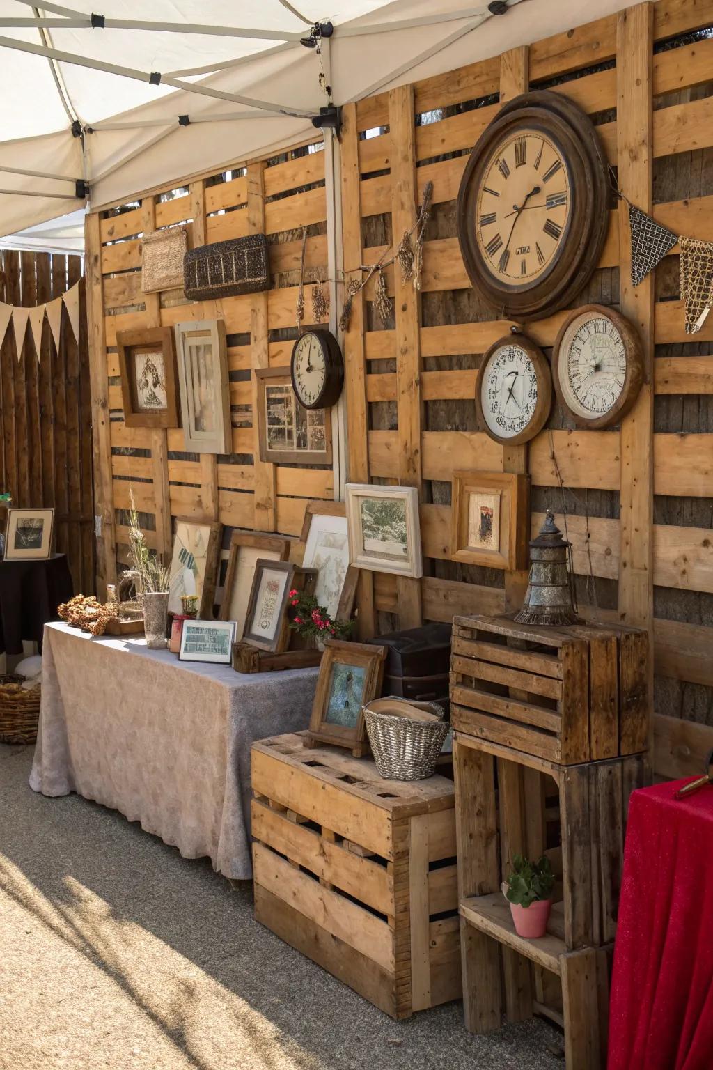 A vintage-inspired market stall with wooden backdrops and antique ornamentation.