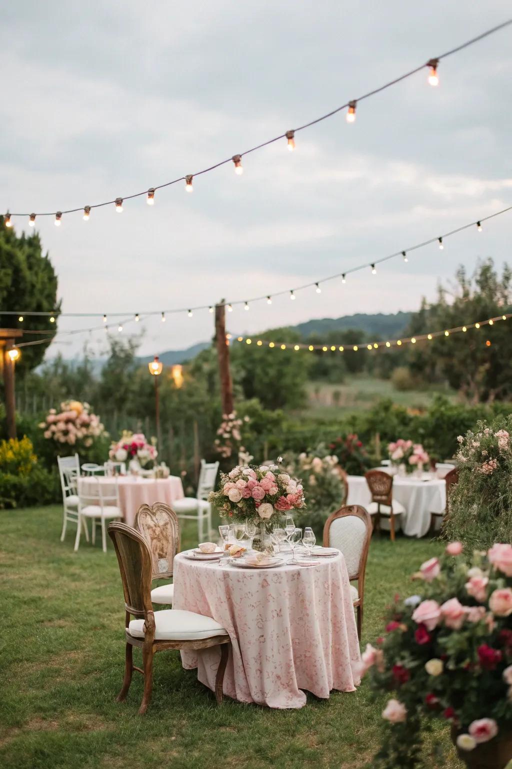 An attractive vintage garden gathering highlighted by whimsical lighting and floral details.