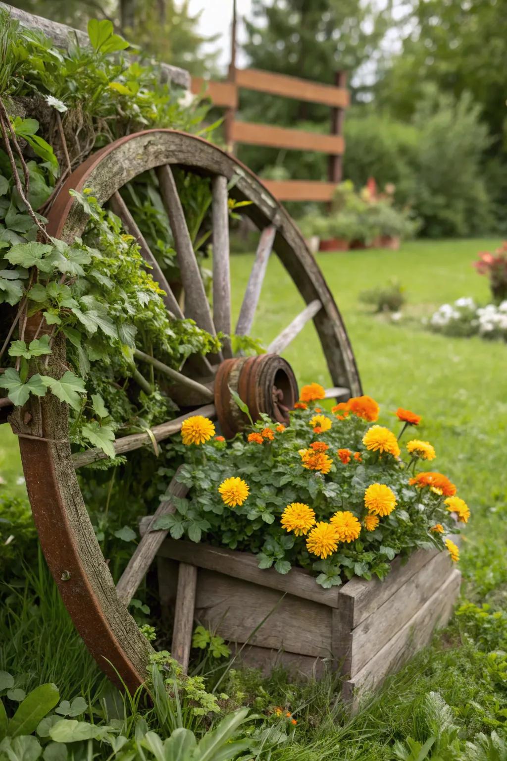 A carriage wheel garden feature, decorated with vivid daisies and flowing vines.