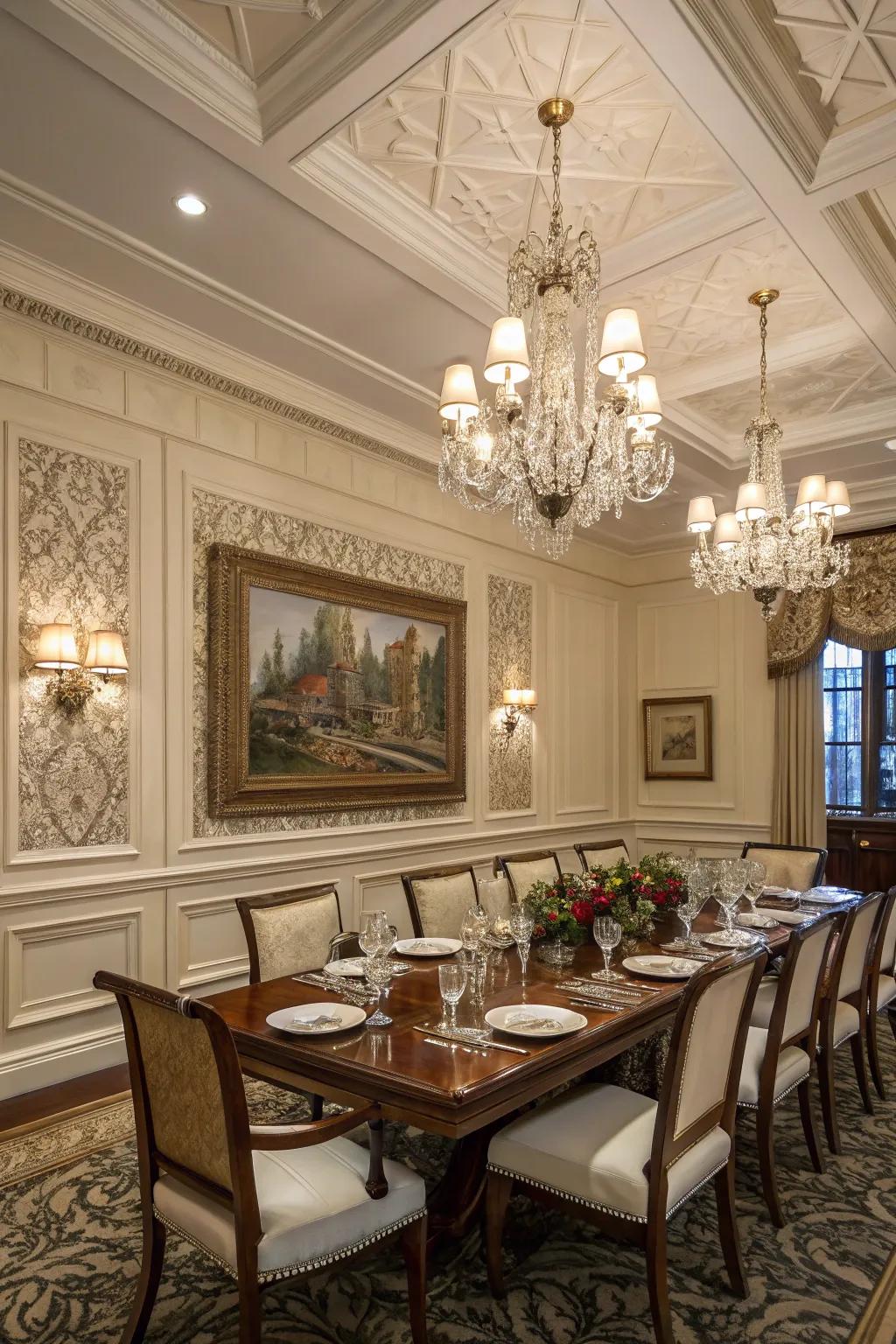 Elevate the ambiance of your dining room with classic raised panel wainscoting.