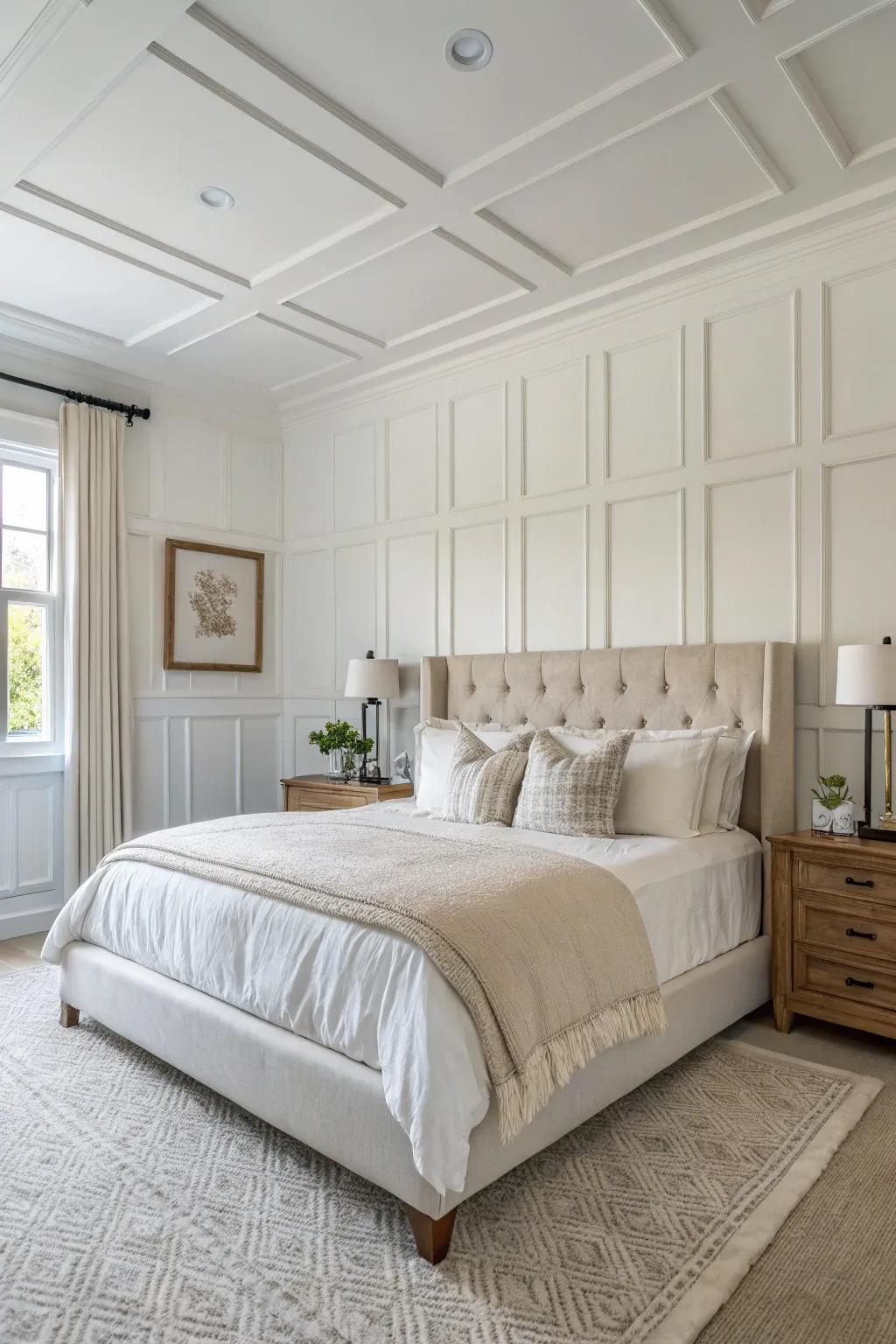 Classic white paneling provides an eternal sensation to any master retreat.