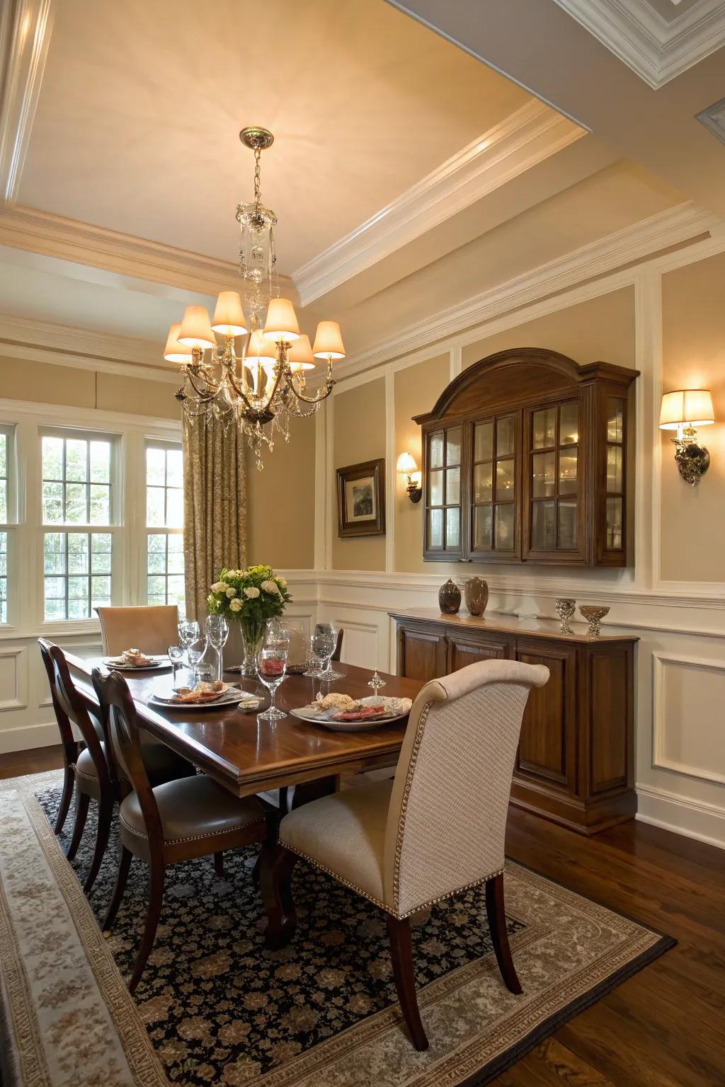 Classic raised panel wainscoting enriching a dining space.