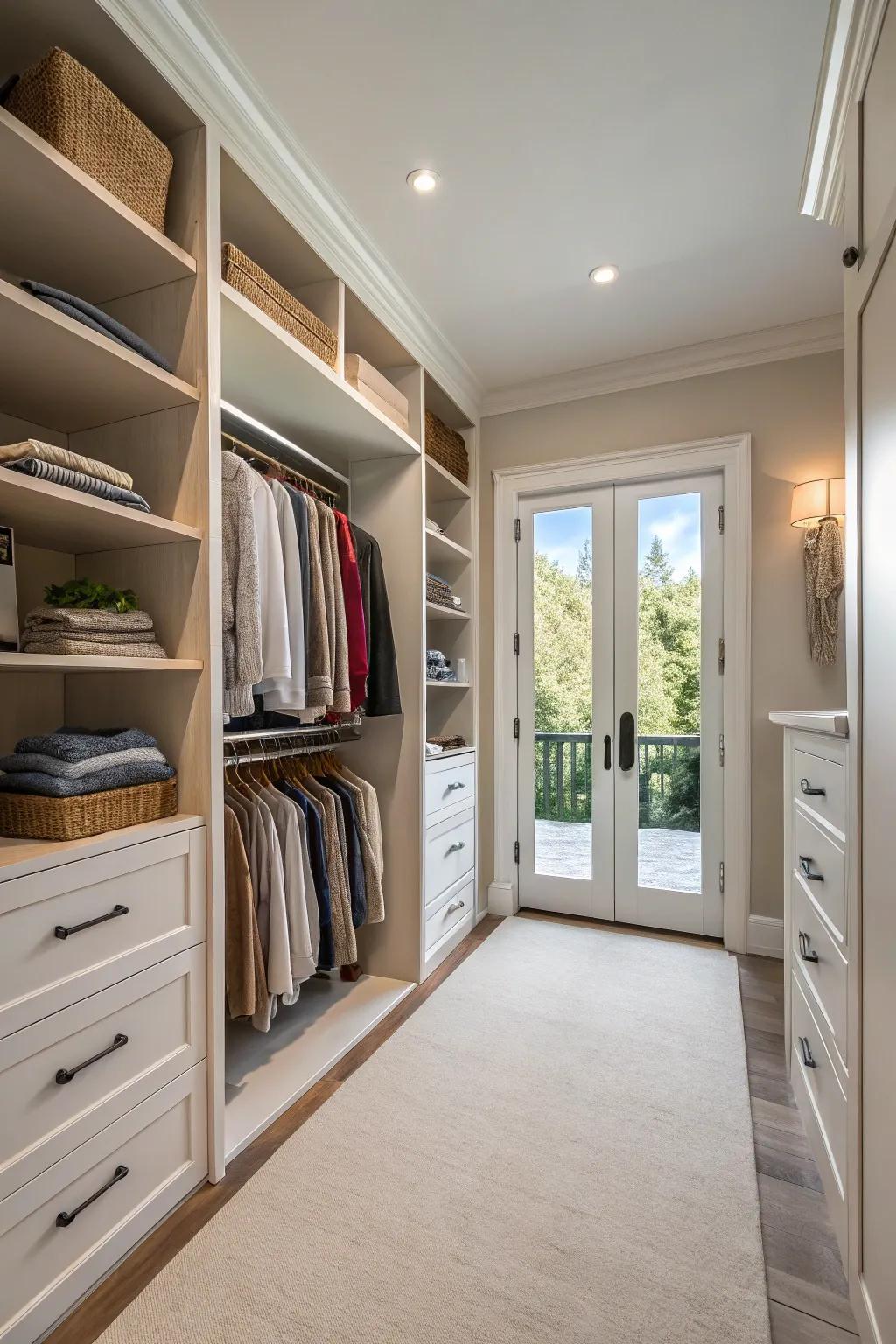 A roomy walk-in closet with open shelving creates a bright and airy atmosphere.
