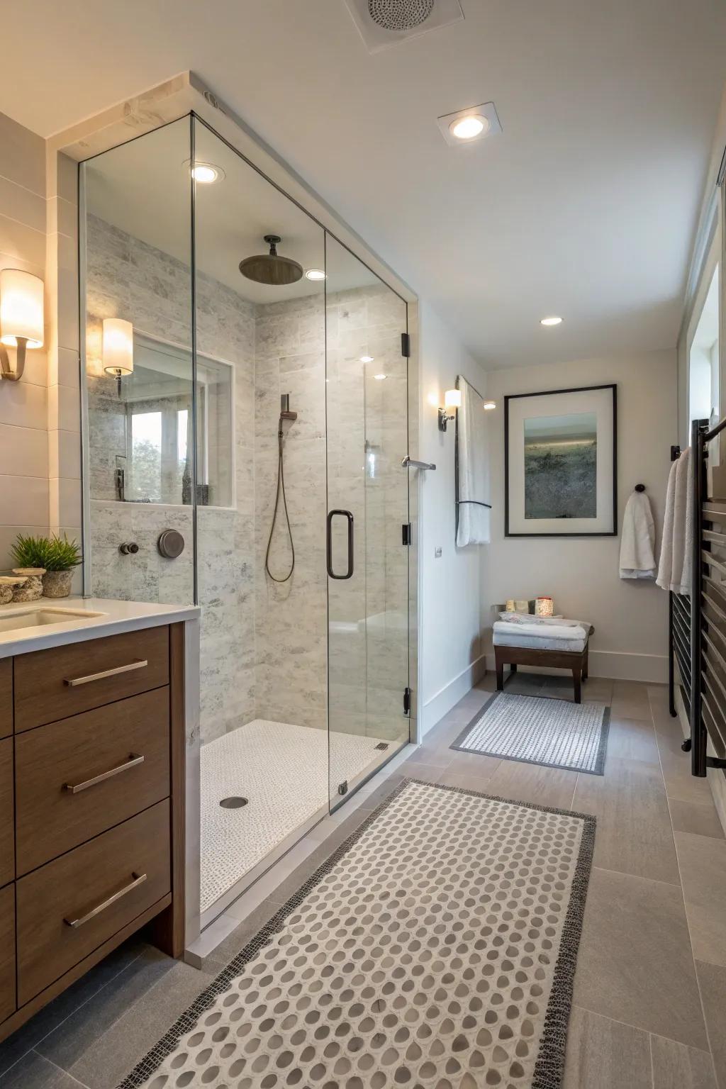Textured flooring provides enhanced safety in the shower.