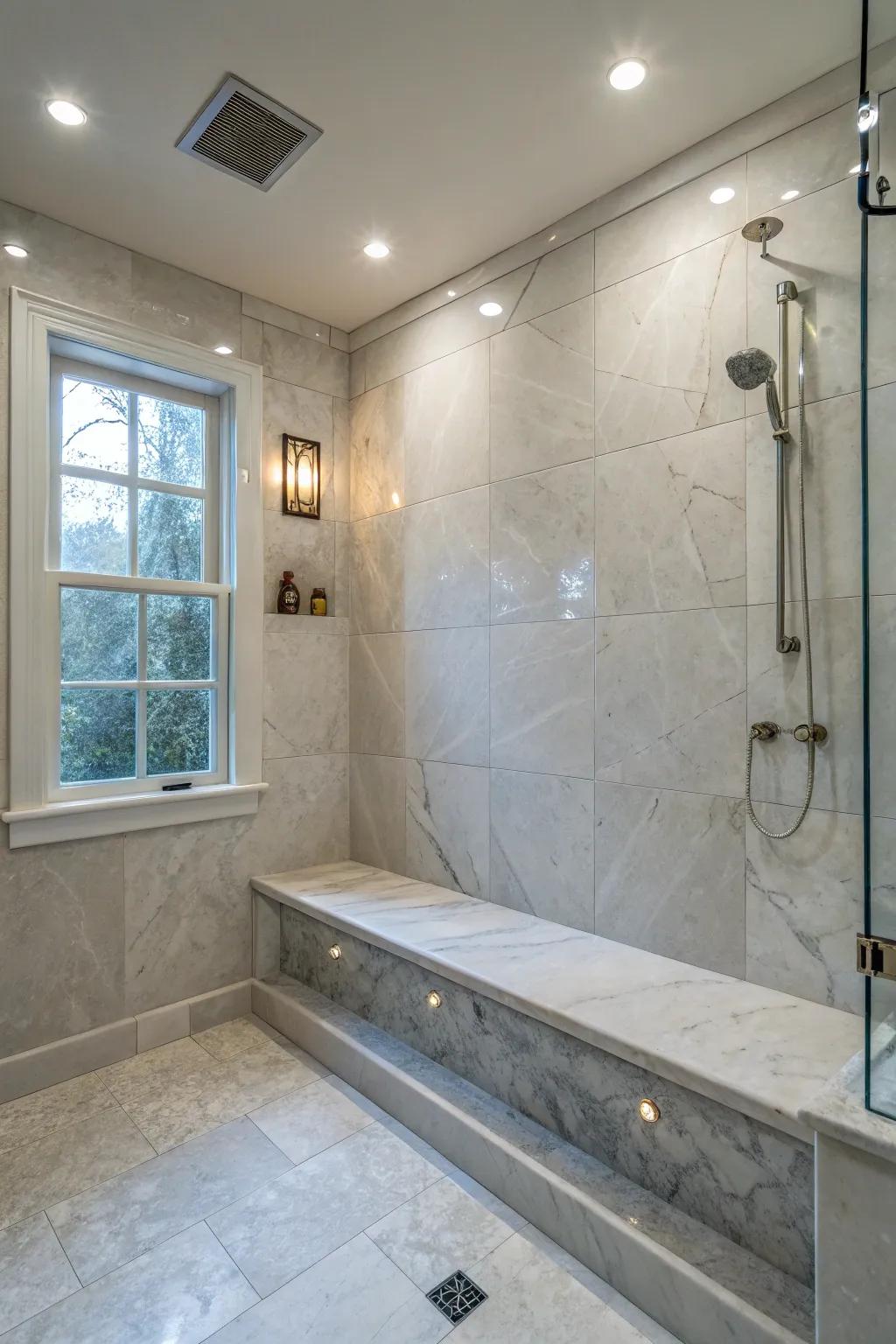 A continuous marble bench, merging into the shower wall, is both lavish and useful.