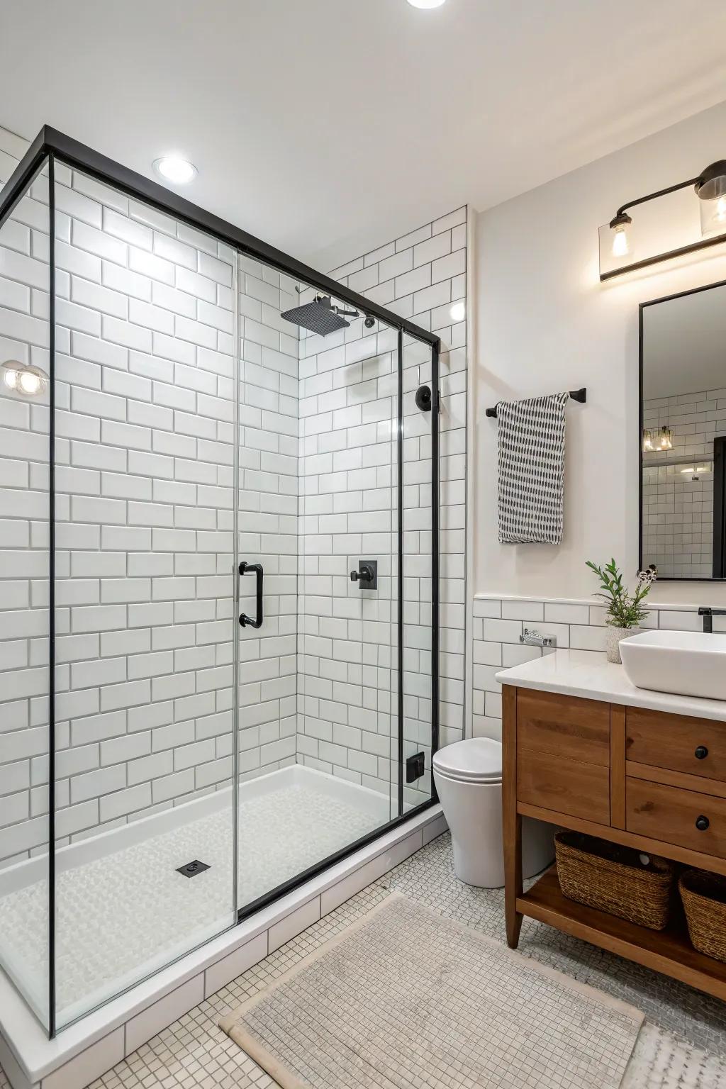 A minimalist bathroom showcases a frameless glass walk-in shower for a continuous appearance.