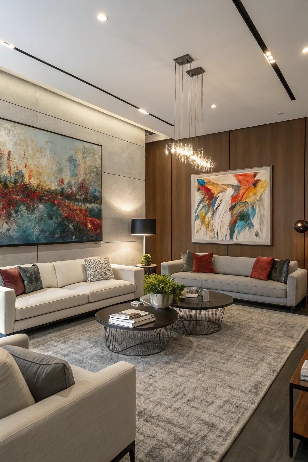 A modern living room where a large abstract painting serves as the central visual element.