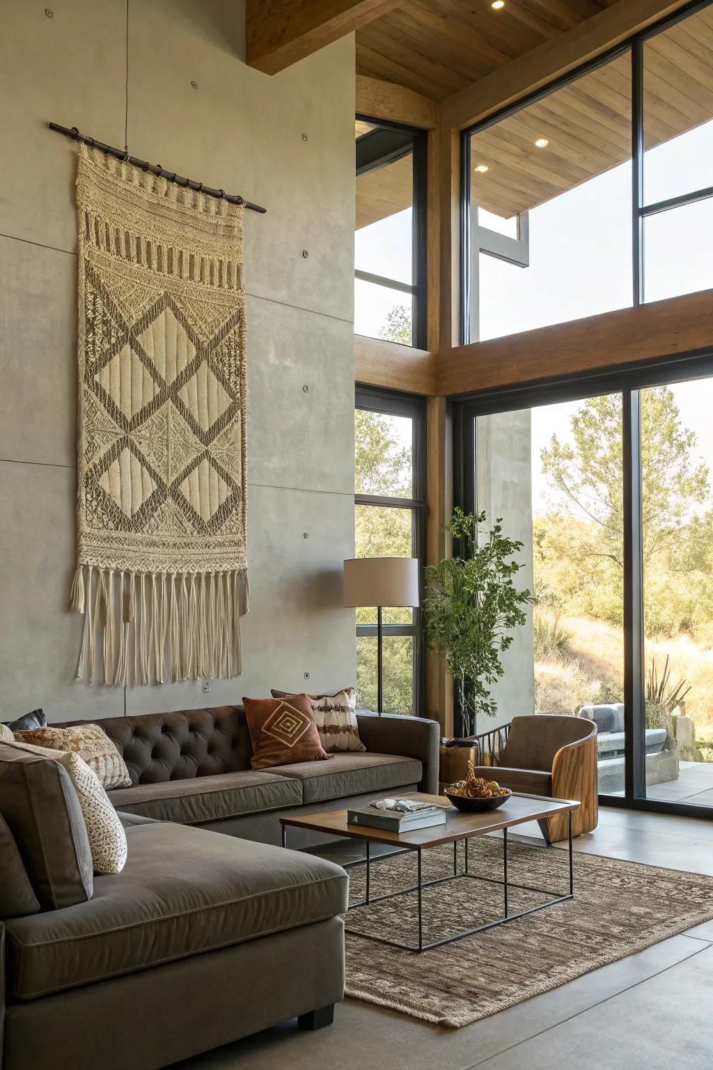 Woven wall art provides both visual texture and a sense of warmth.