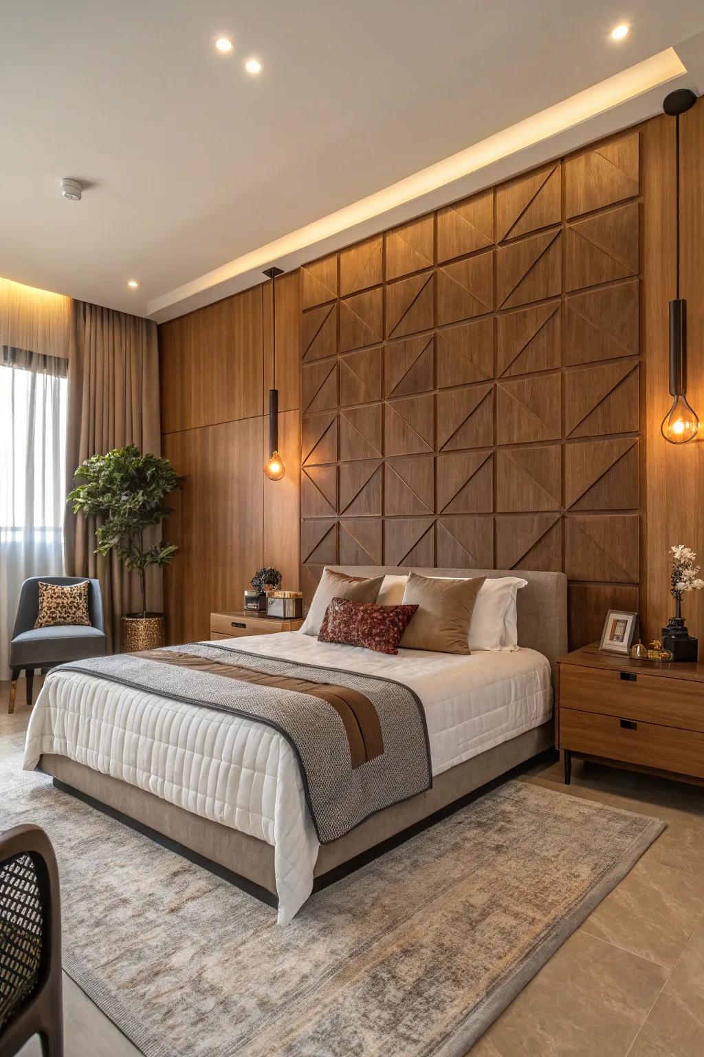 Warm wood panels create a textured backdrop behind the bed.