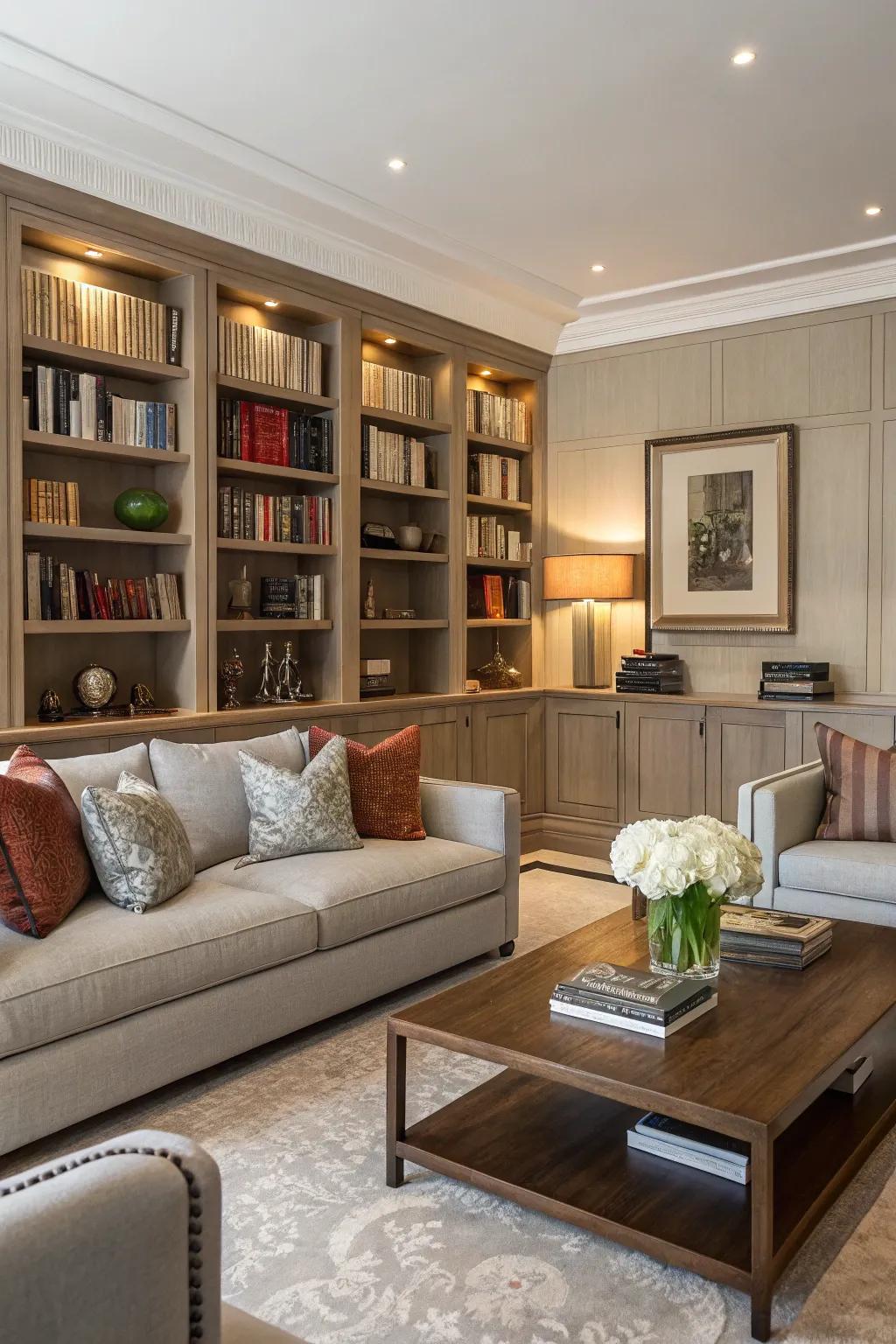Seamless integration of bookshelves in your living room crafts a harmonious atmosphere.