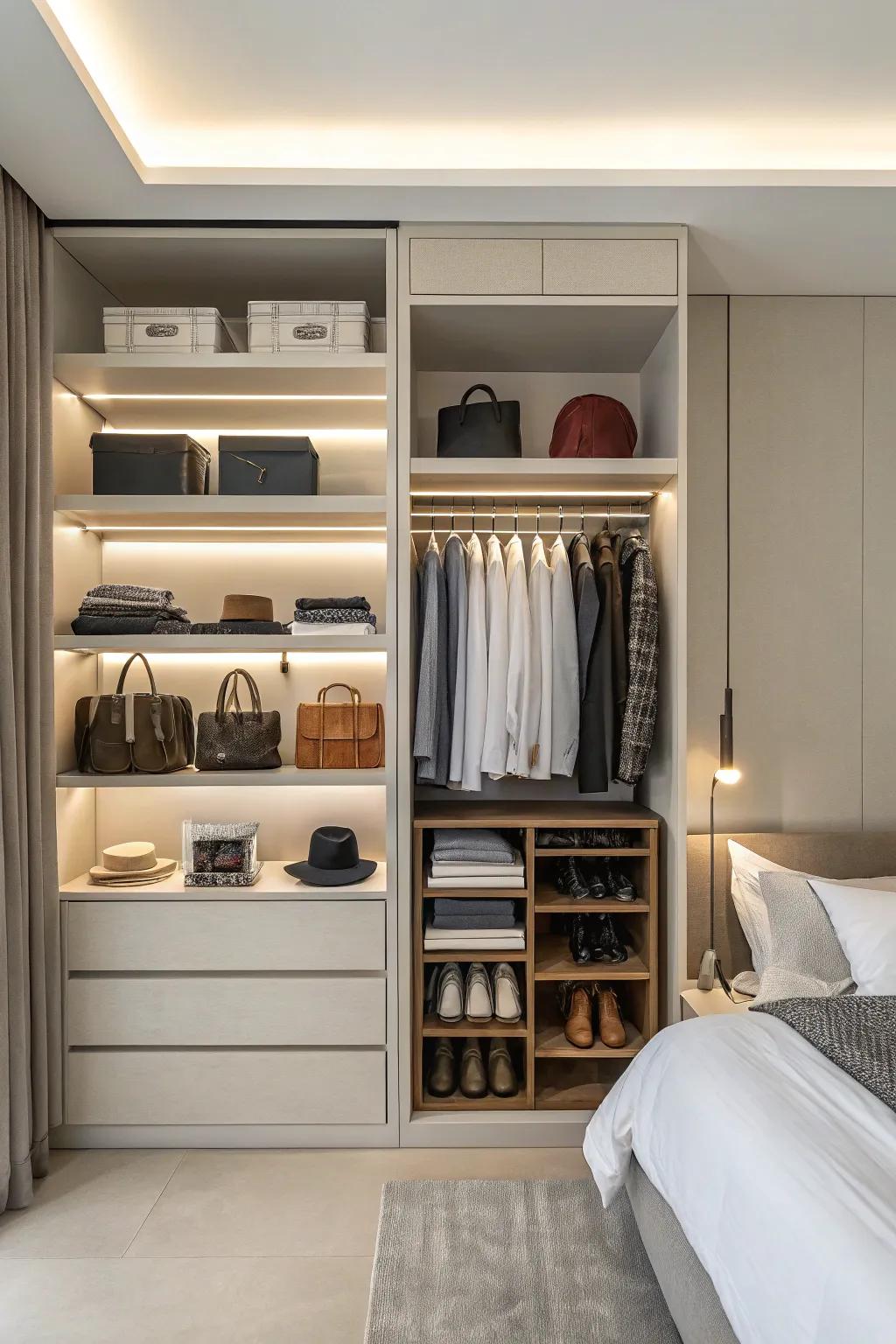 Open shelving in a wall closet offers easy access and organization.