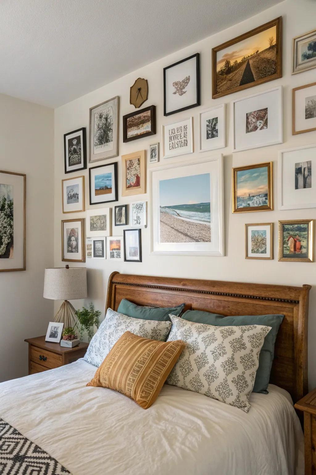 A carefully arranged gallery wall enhances the bedroom with sophistication and character.