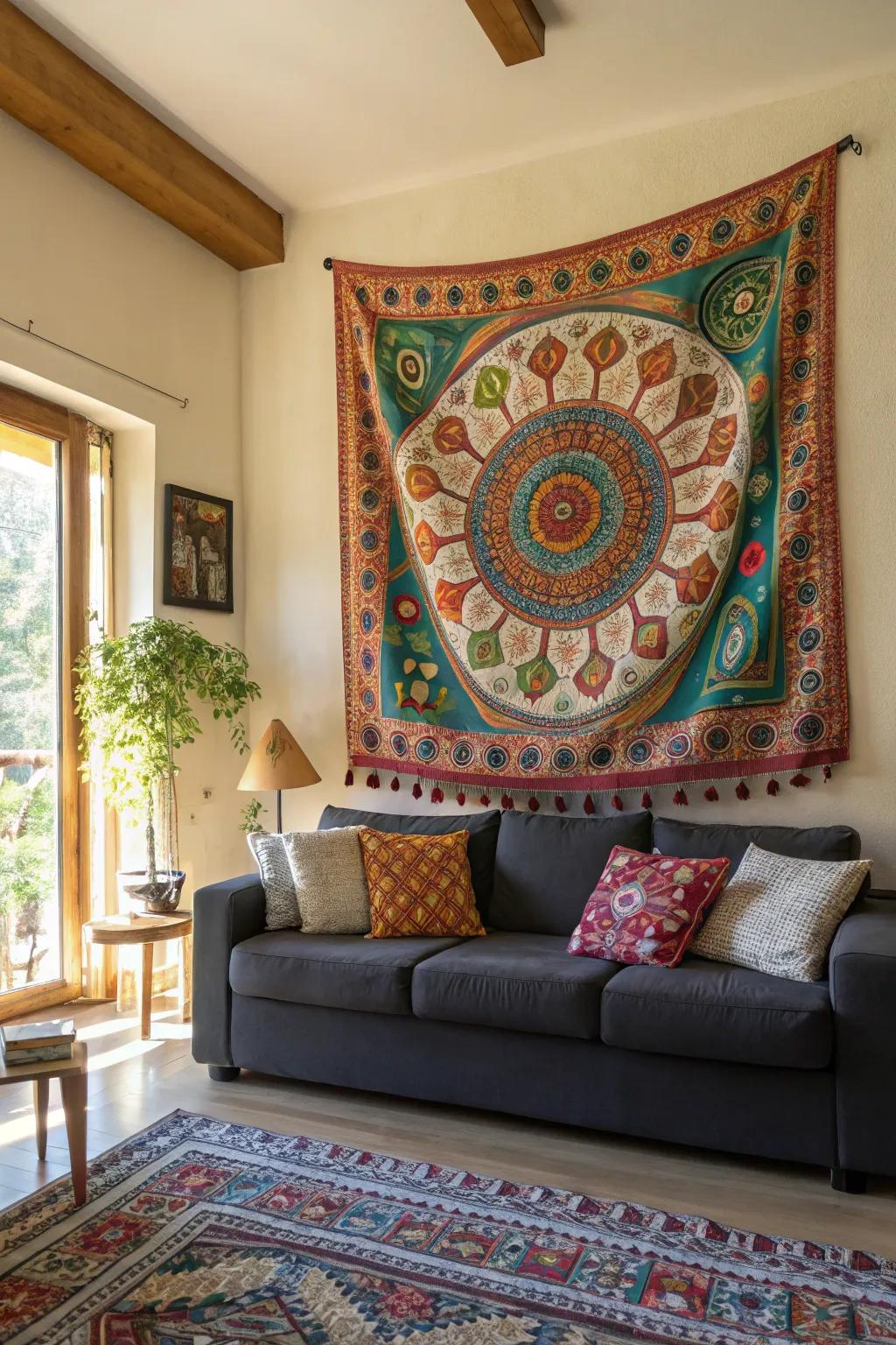 A tapestry transforms a living room into an inviting space.