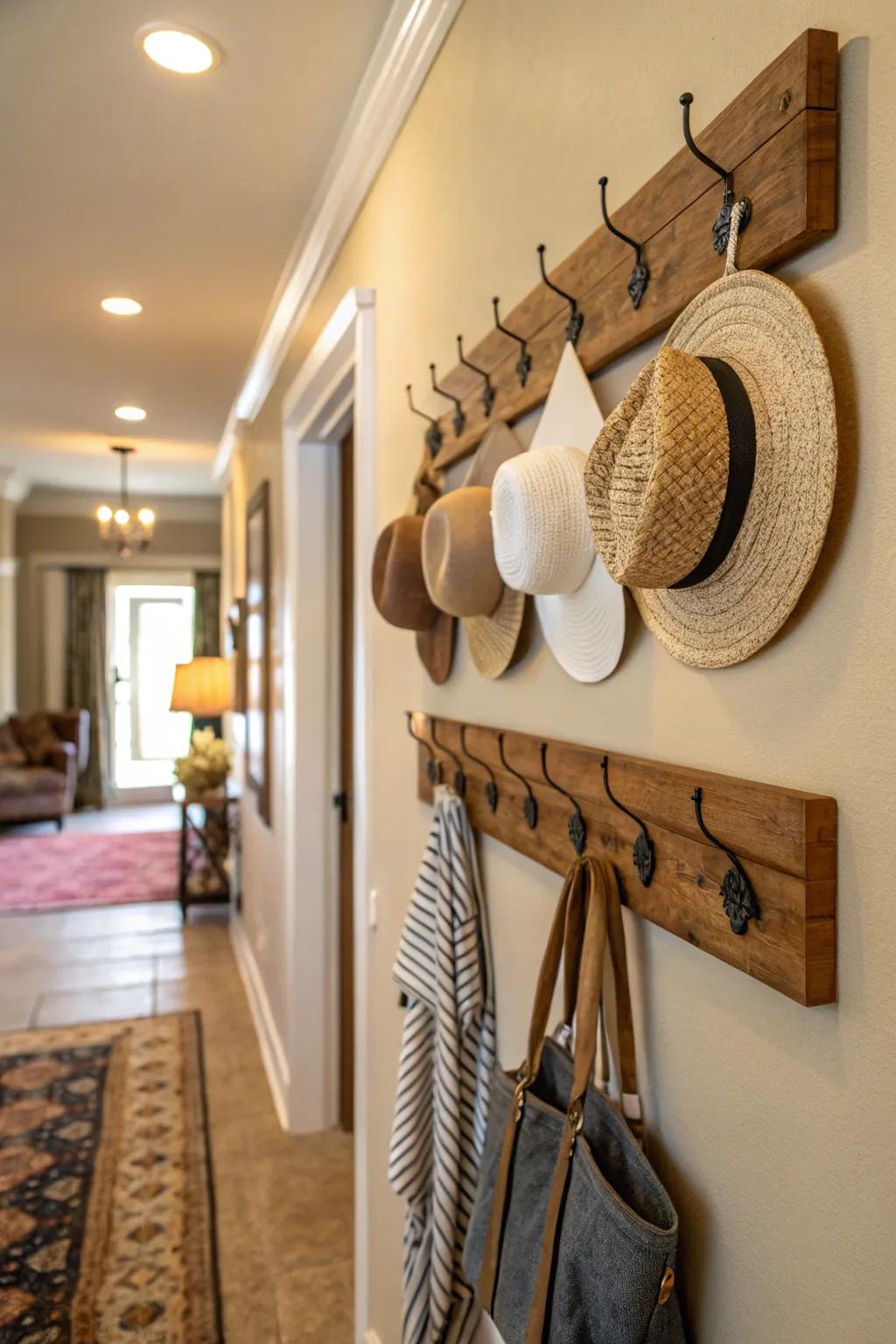 A welcoming hallway where a wooden hanging rail displays hats elegantly.