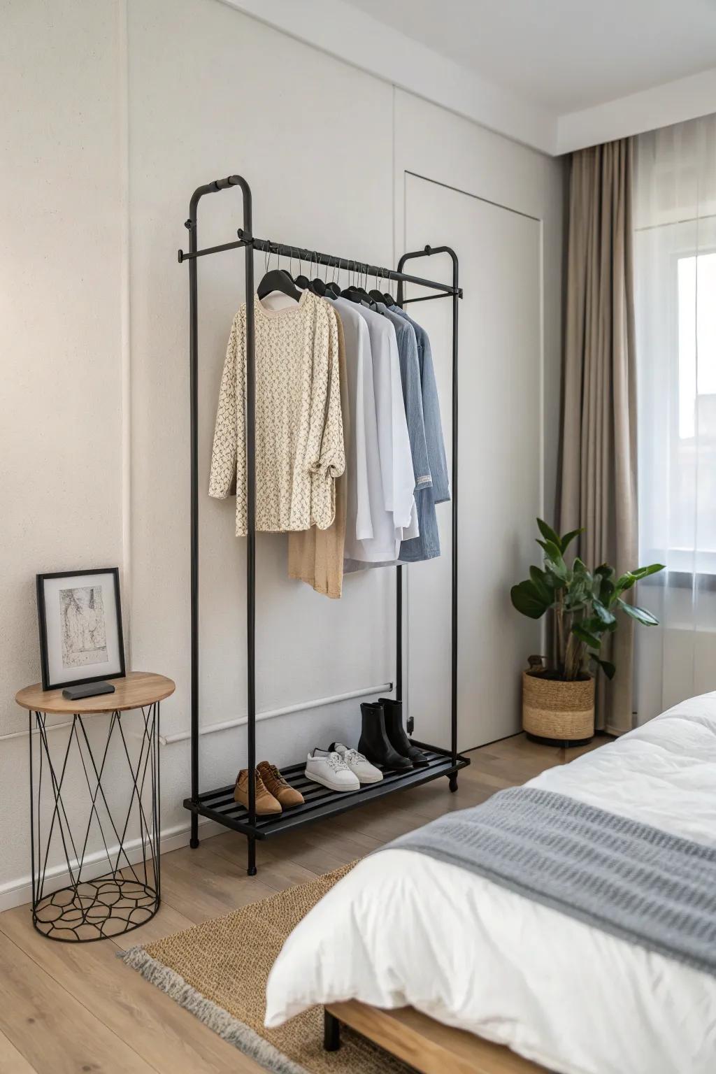 A minimalist bedroom enhanced by the presence of a streamlined wall-mounted clothing rack.