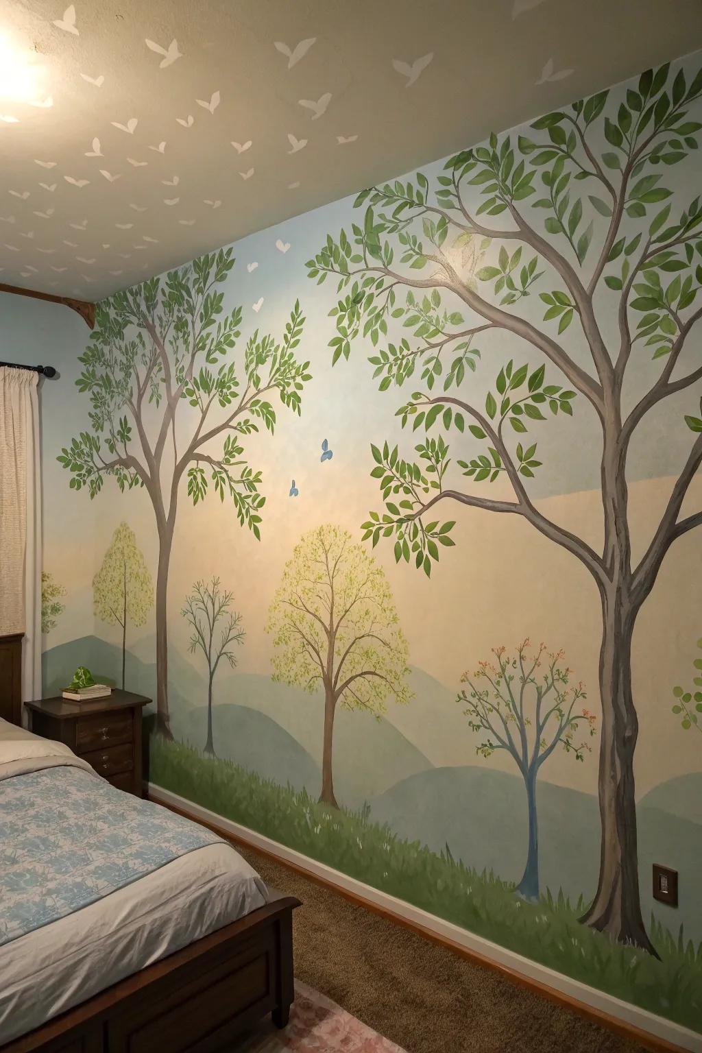 A peaceful nature mural designed for a bedroom.