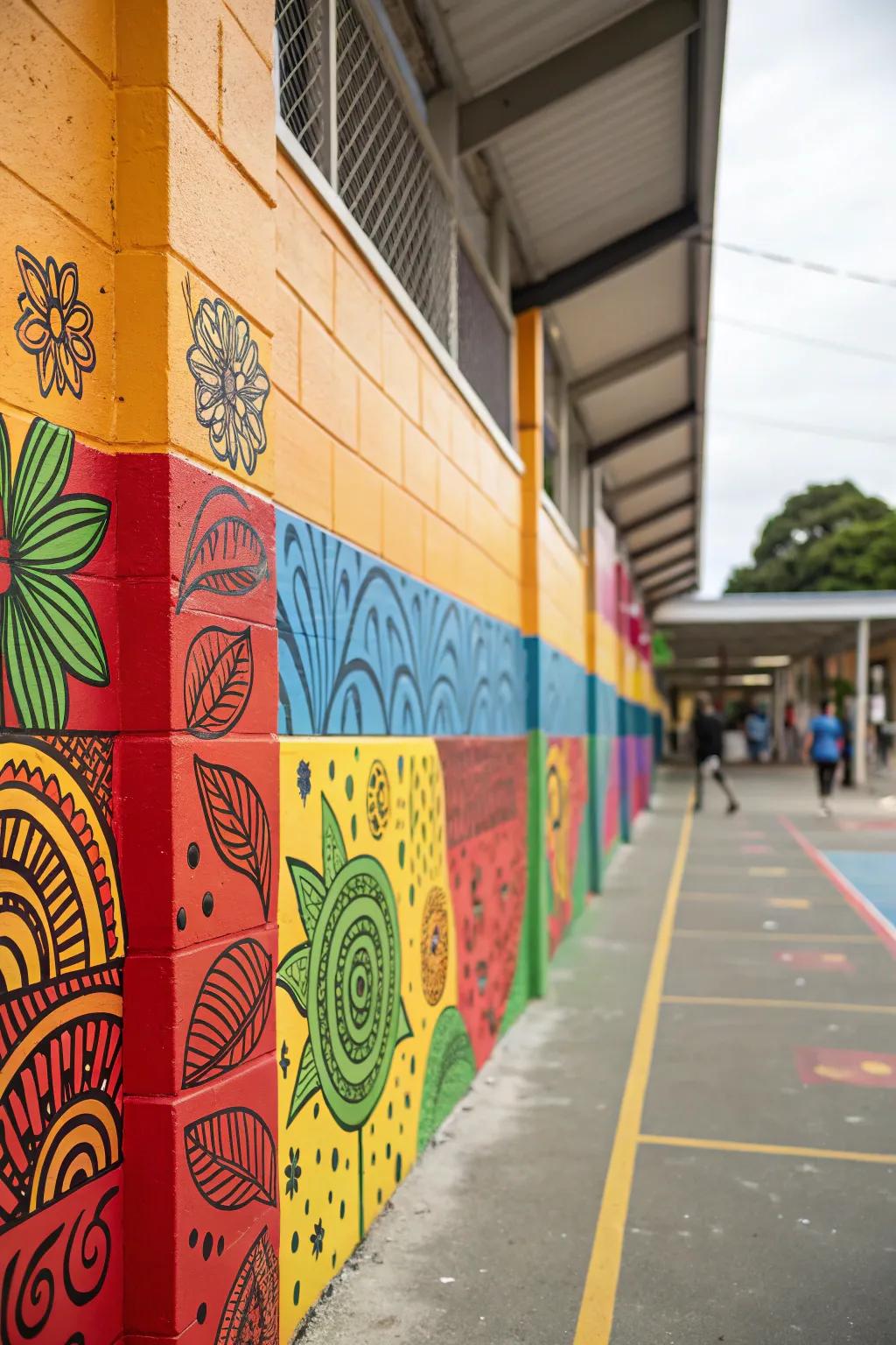 A school wall dressed in vibrant colors and patterns