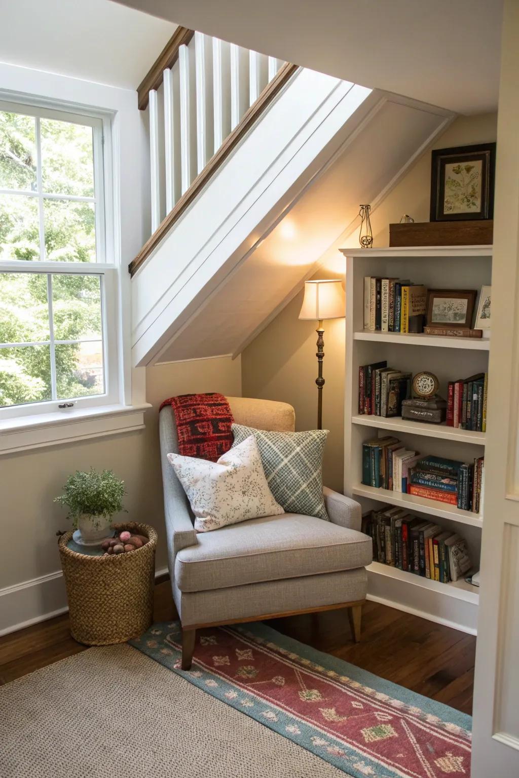 A snug reading corner under the staircase provides a tranquil escape.