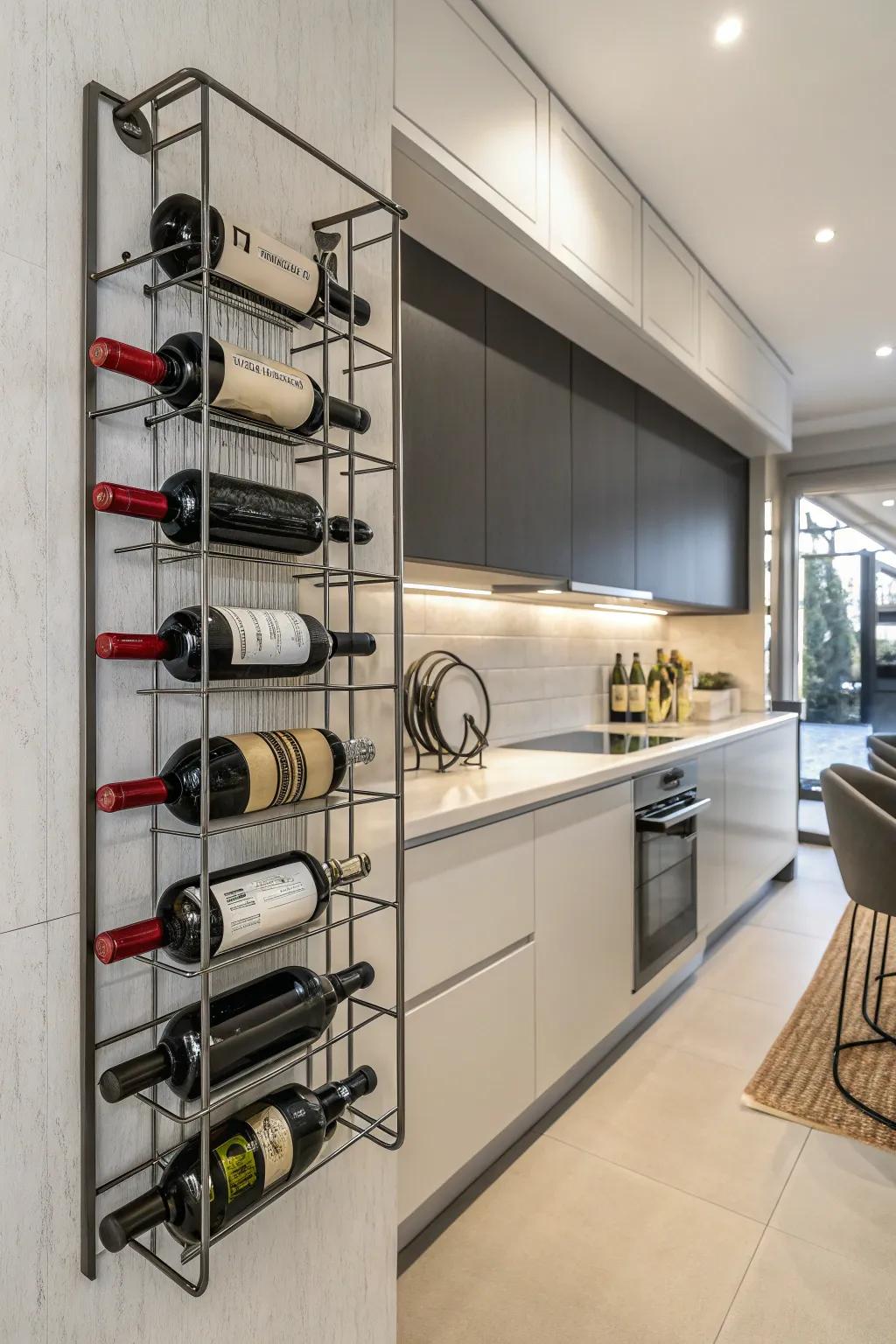 Metal wine racks inject a sophisticated feel into modern kitchens.