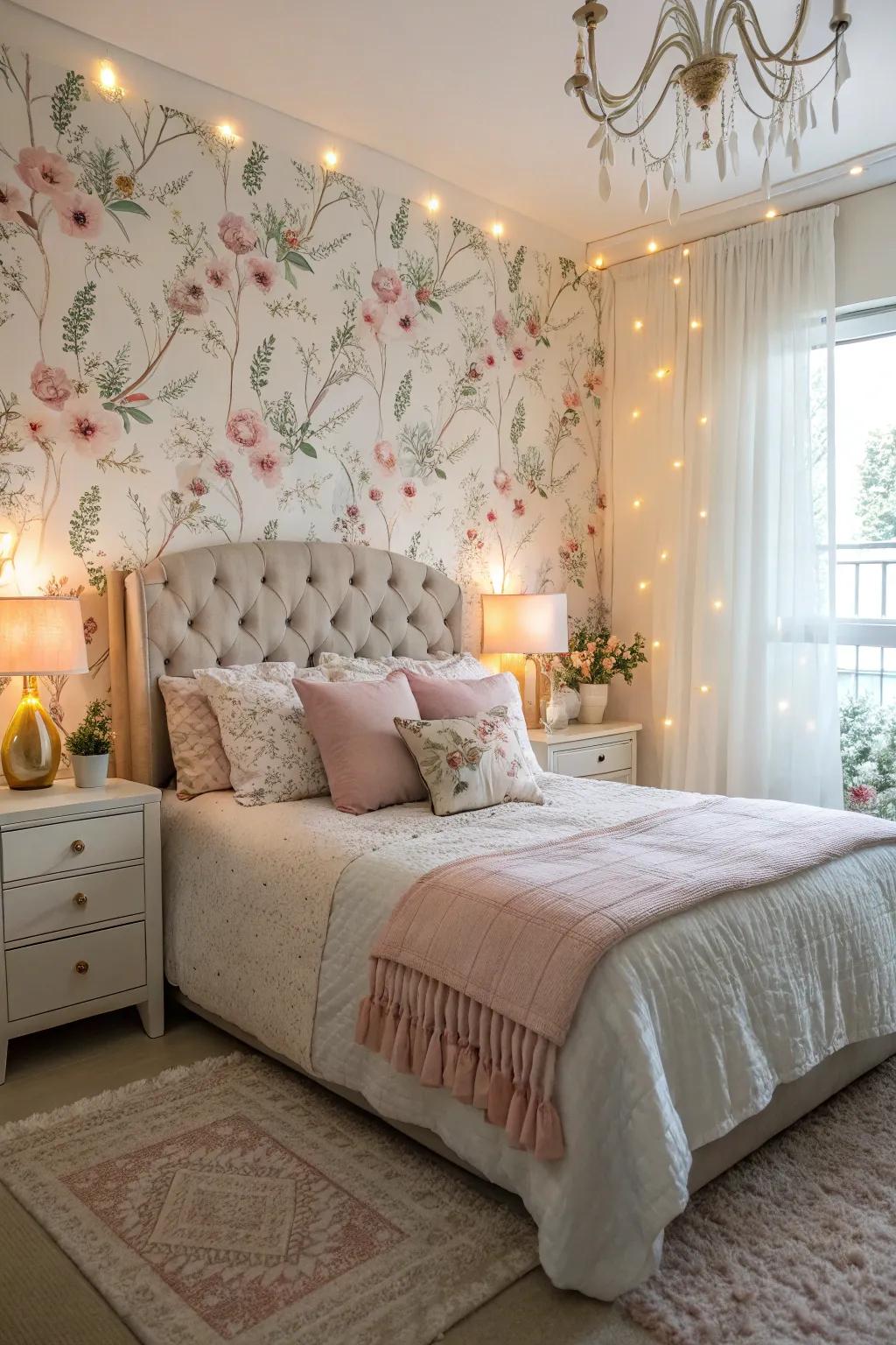 Floral wallpaper crafts a tranquil and refined bedroom haven.