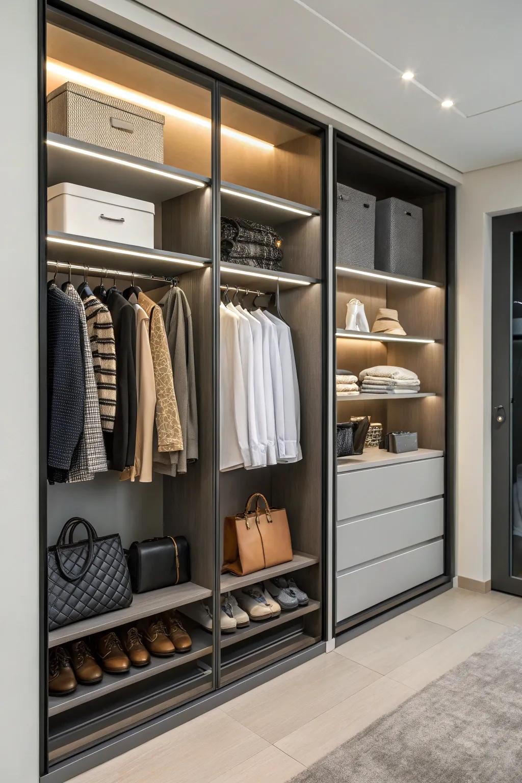 A wardrobe featuring open shelving for effortless access and presentation.