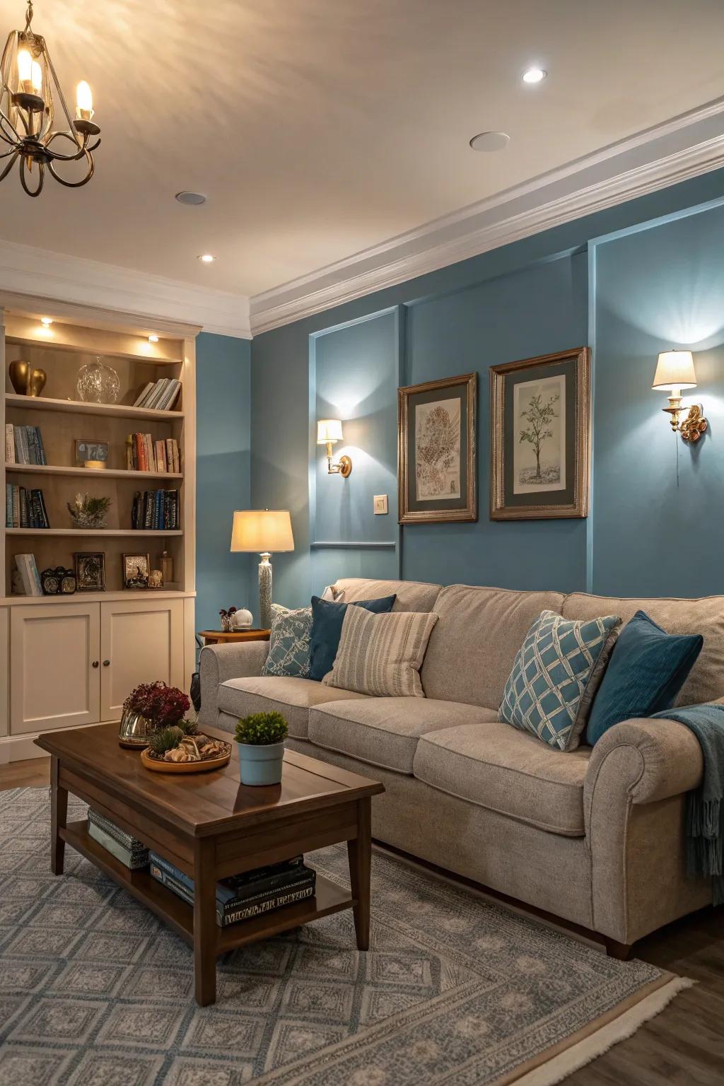 Transform your living room into a sanctuary with warm blue walls.