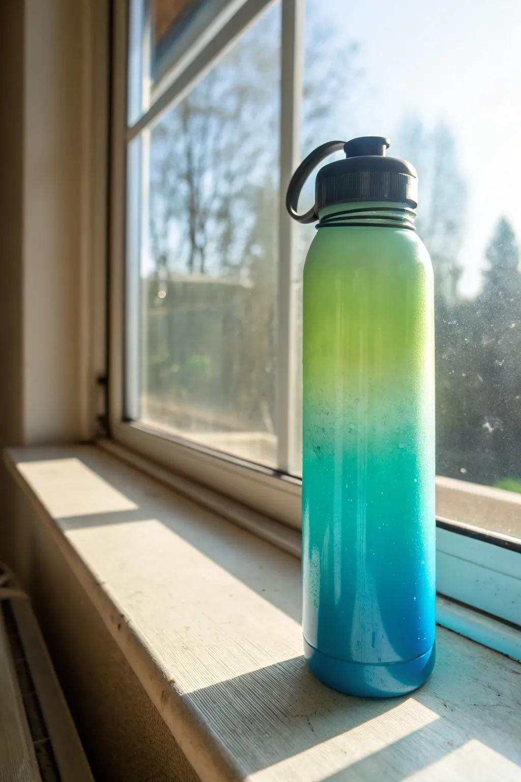 A hydration container showcasing a striking gradient design in shades of blue and green.