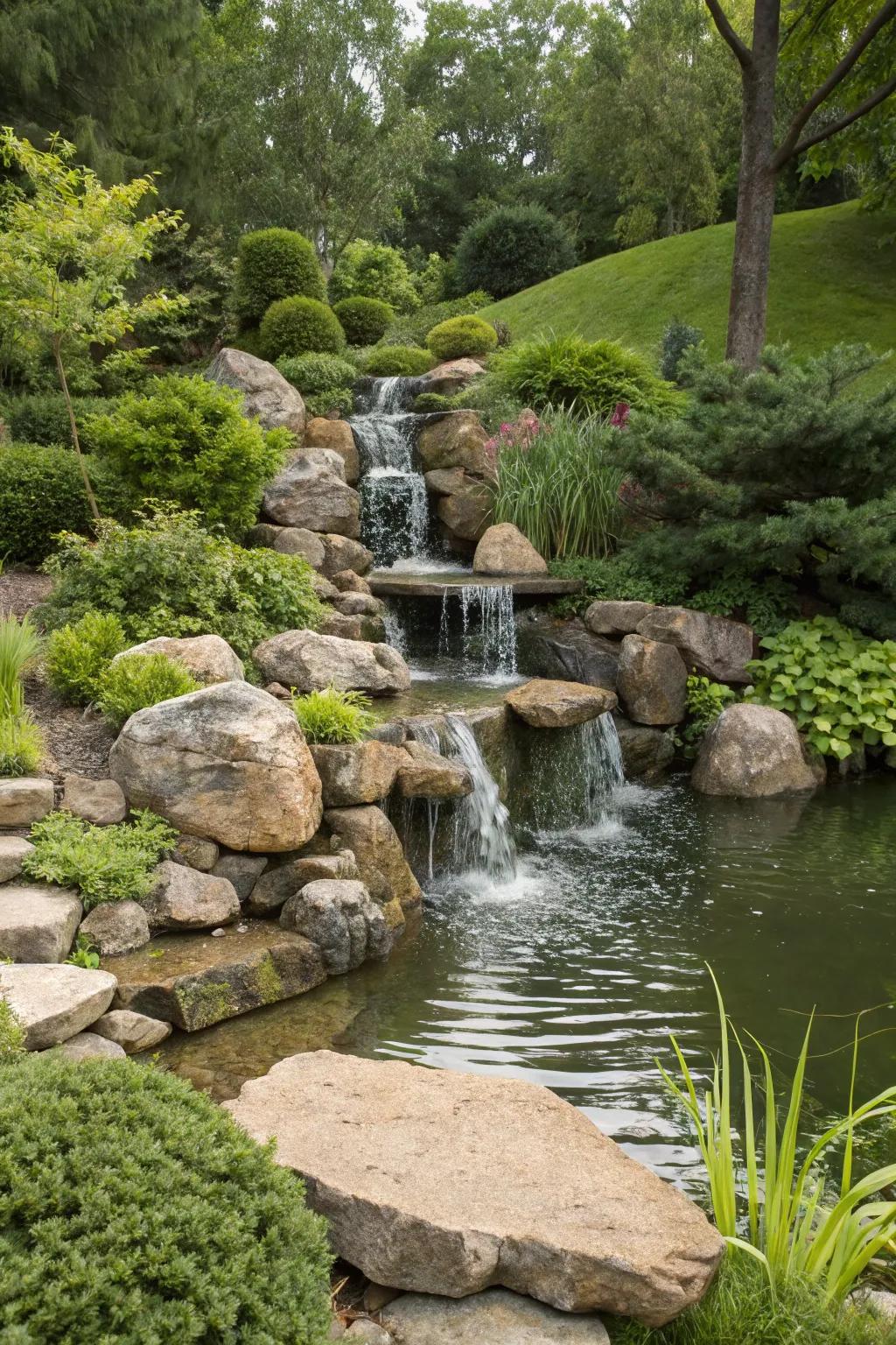 A cascading rocks water feature infuses a natural touch into your garden.
