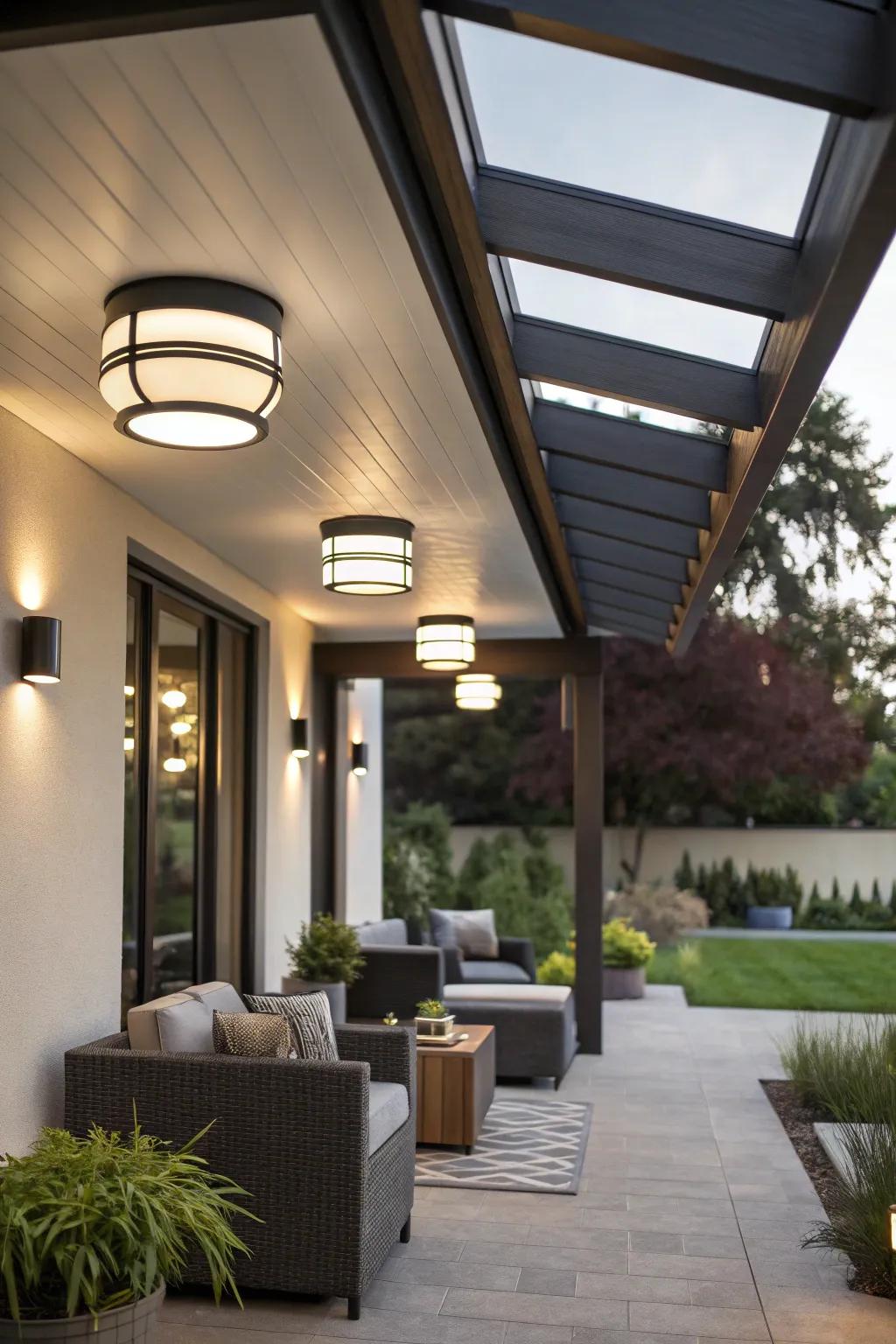 Sleek flush mounts introduce a dash of modern sophistication to your outdoor space.