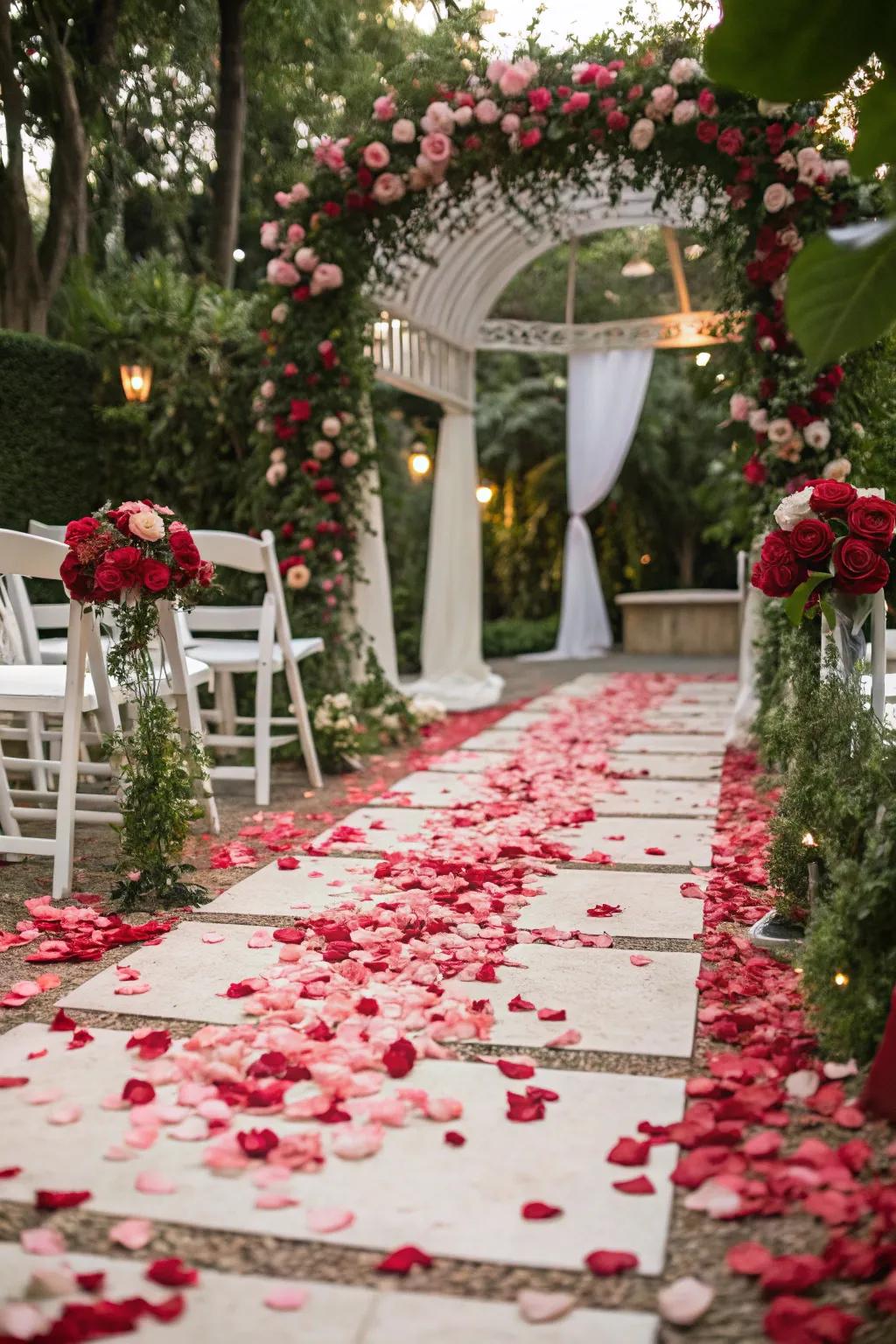 A dreamlike pathway enhanced with vibrant rose petals.