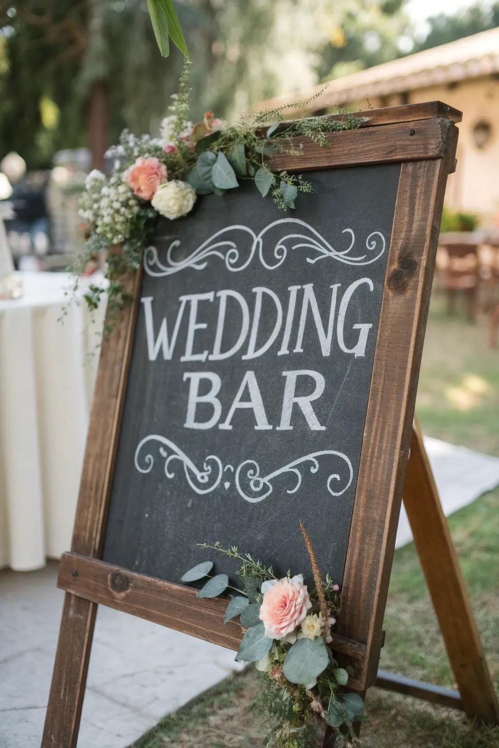 A sweet chalkboard bar sign displaying lighthearted phrases and floral accents.