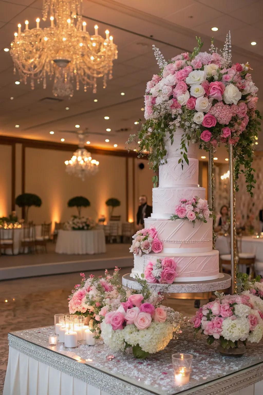 A wedding cake presentation embraced by flourishing floral arrangements.